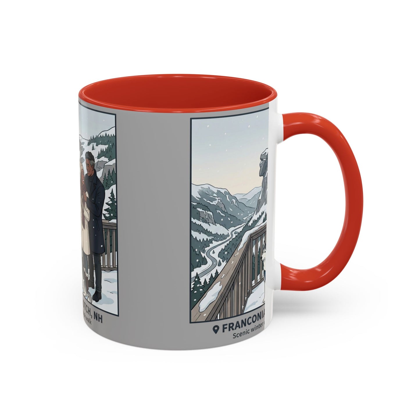 Franconia Notch Scenic Winter Mug — Couples & Dog Snowy Overlook Coffee Cup (11/15oz)