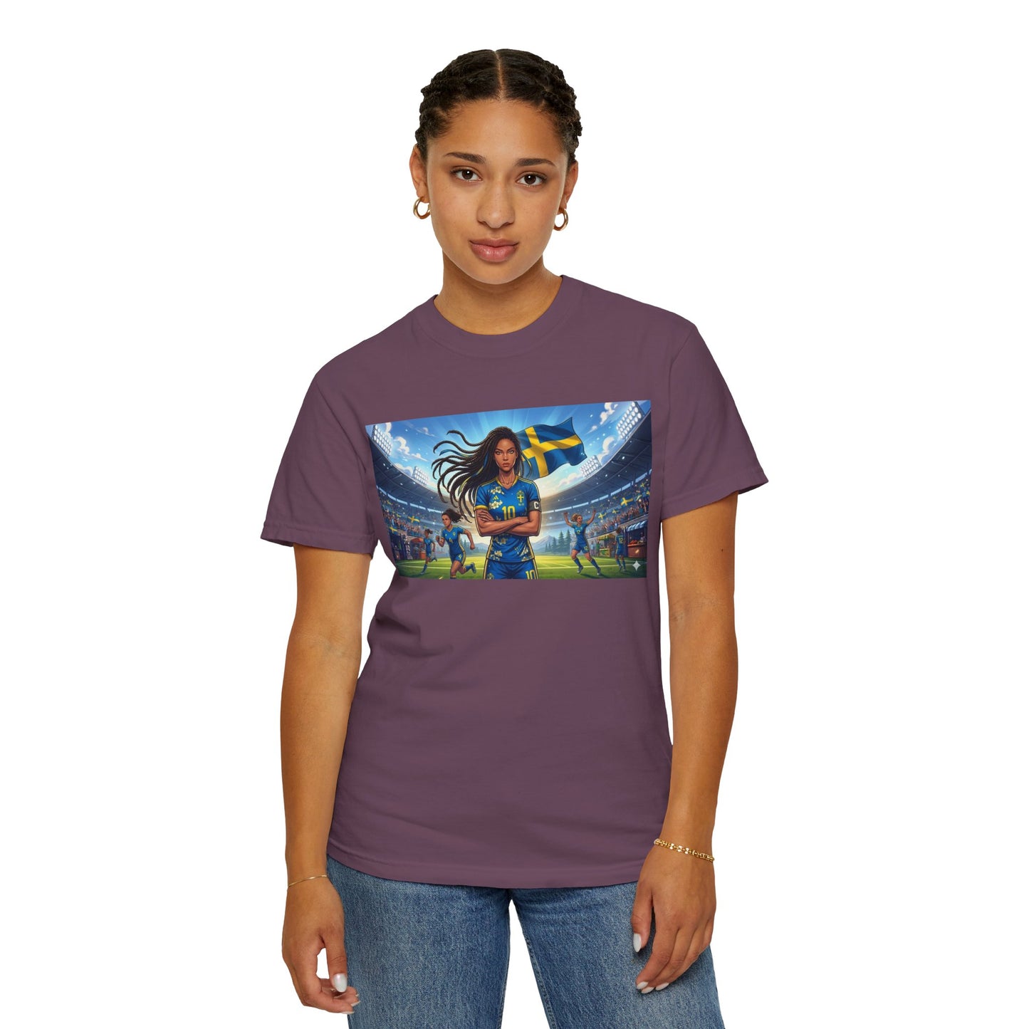 Swedish Soccer Pride T-Shirt — Female Footballer with Flag Stadium Design