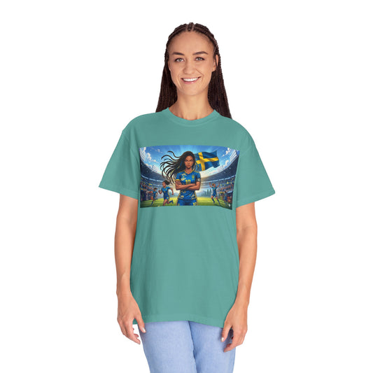 Swedish Soccer Pride T-Shirt — Female Footballer with Flag Stadium Design