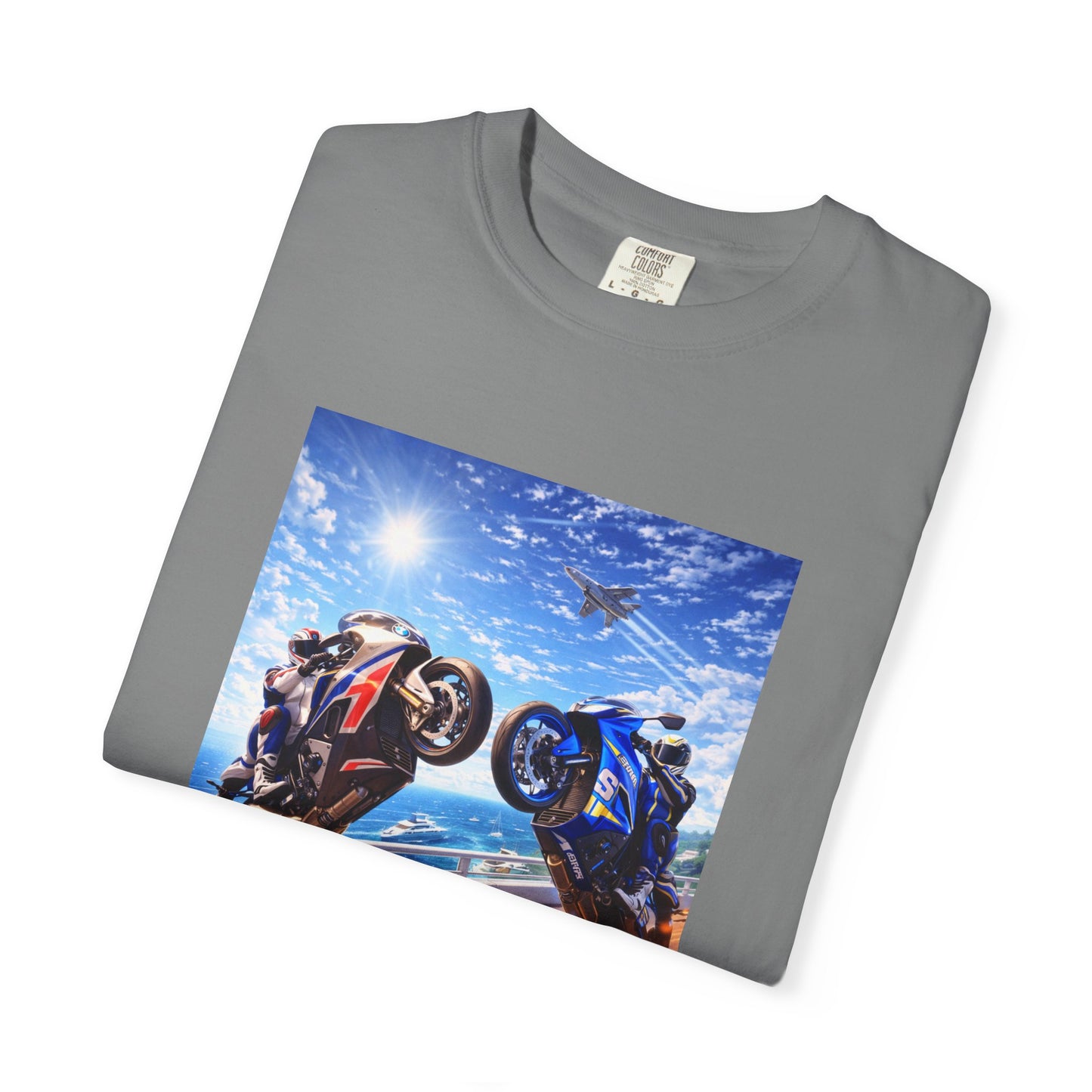 Stunt Riders Motorcycle T-Shirt — Two Bike Wheelie Racing Graphic Tee