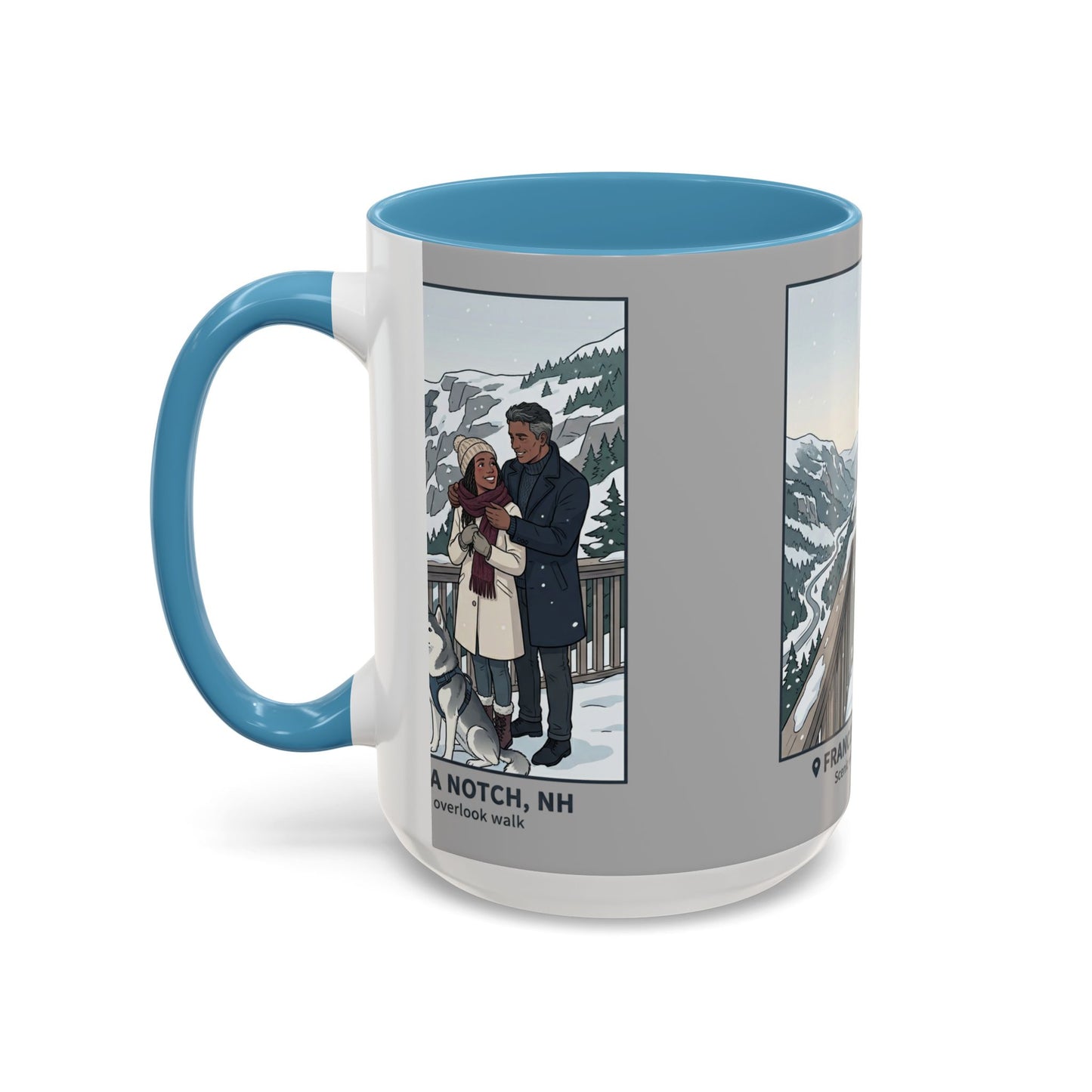 Franconia Notch Scenic Winter Mug — Couples & Dog Snowy Overlook Coffee Cup (11/15oz)
