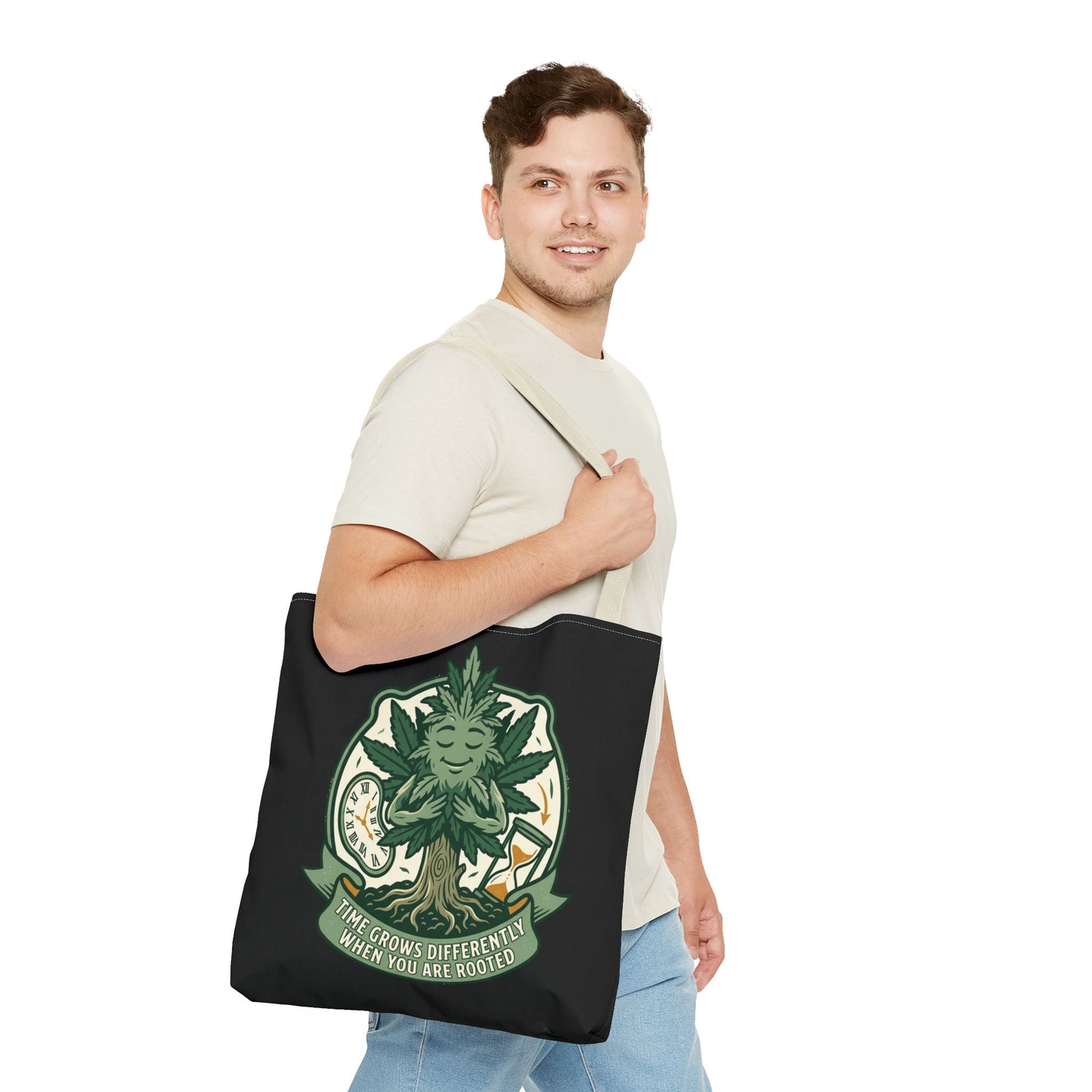 Rooted Tree Spirit Tote Bag — “Time Grows Different When You Are Rooted” Eco Tote
