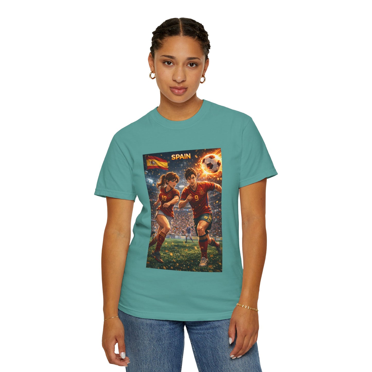 Spain Soccer Graphic T-Shirt — Retro Match Scene with Flag