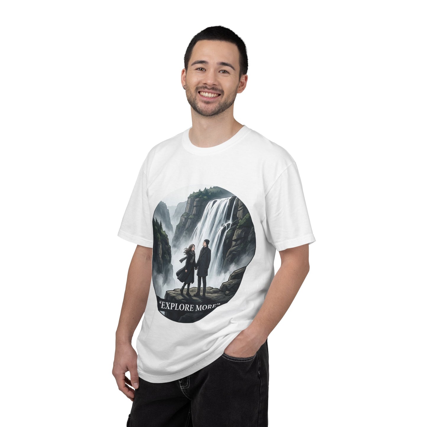 Explore More T-Shirt — Adventure Graphic Tee with Waterfall Scene