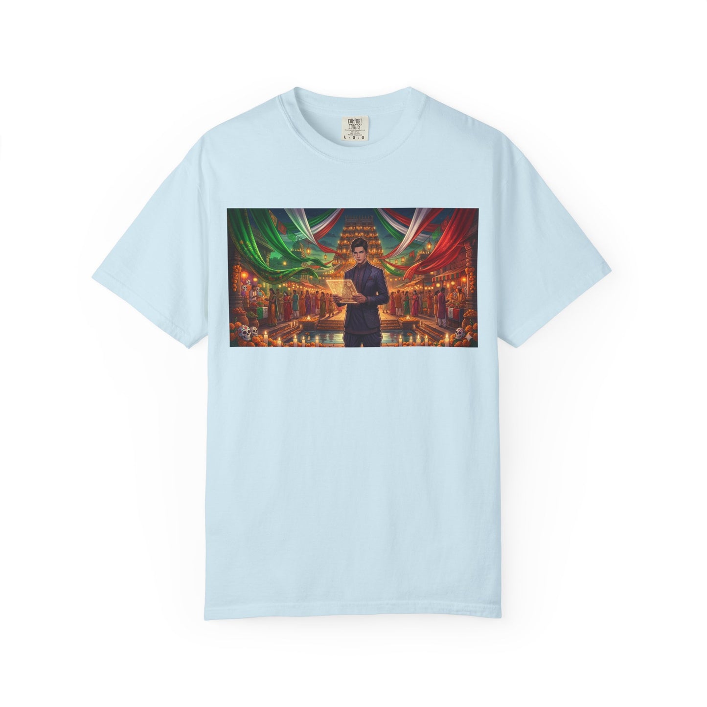 T-Shirt — Dragon Temple Night Scene Graphic Tee (Monk with Dragons)