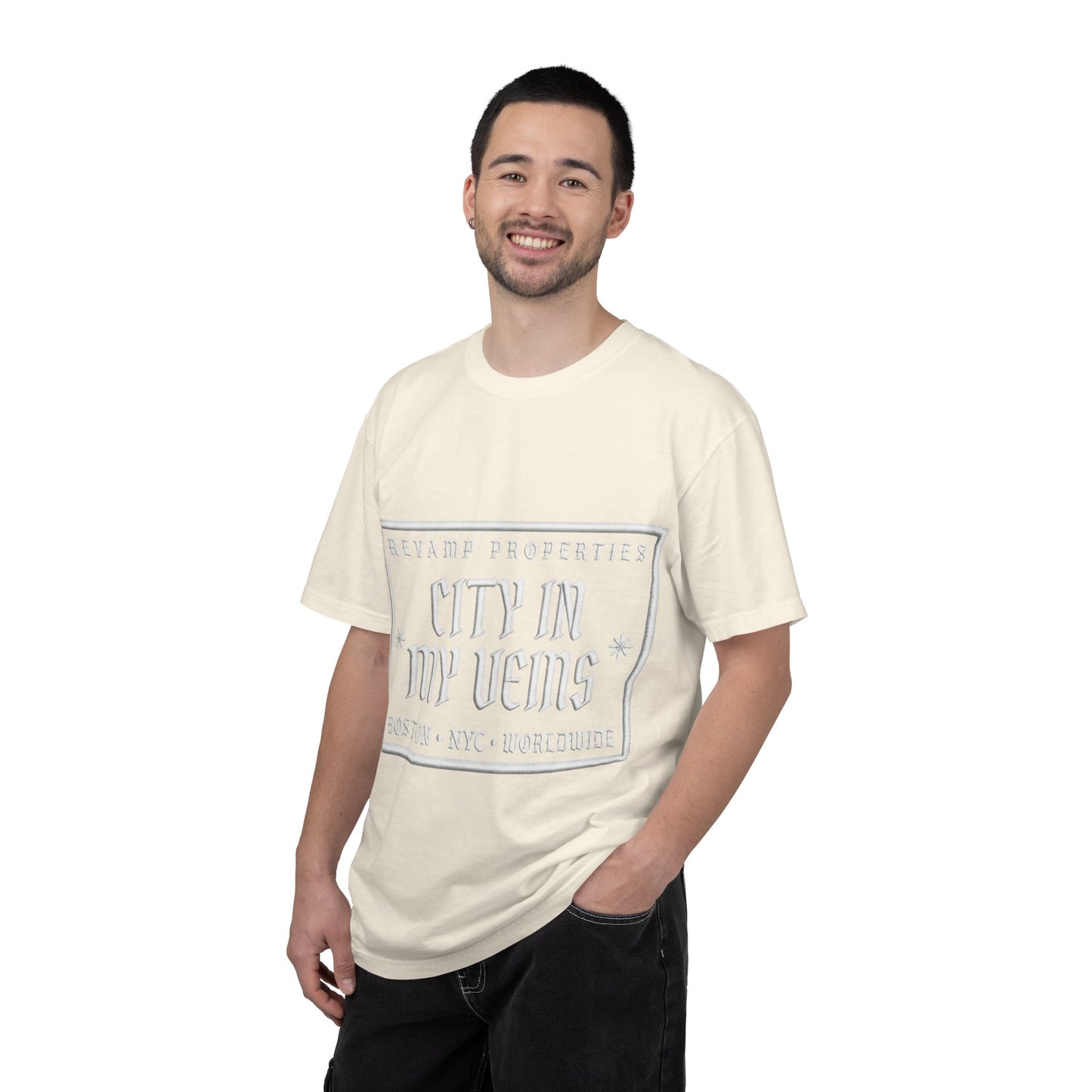 City In My Veins T‑Shirt — Vintage Cityscape Tee (Boston • NYC • Manchester)