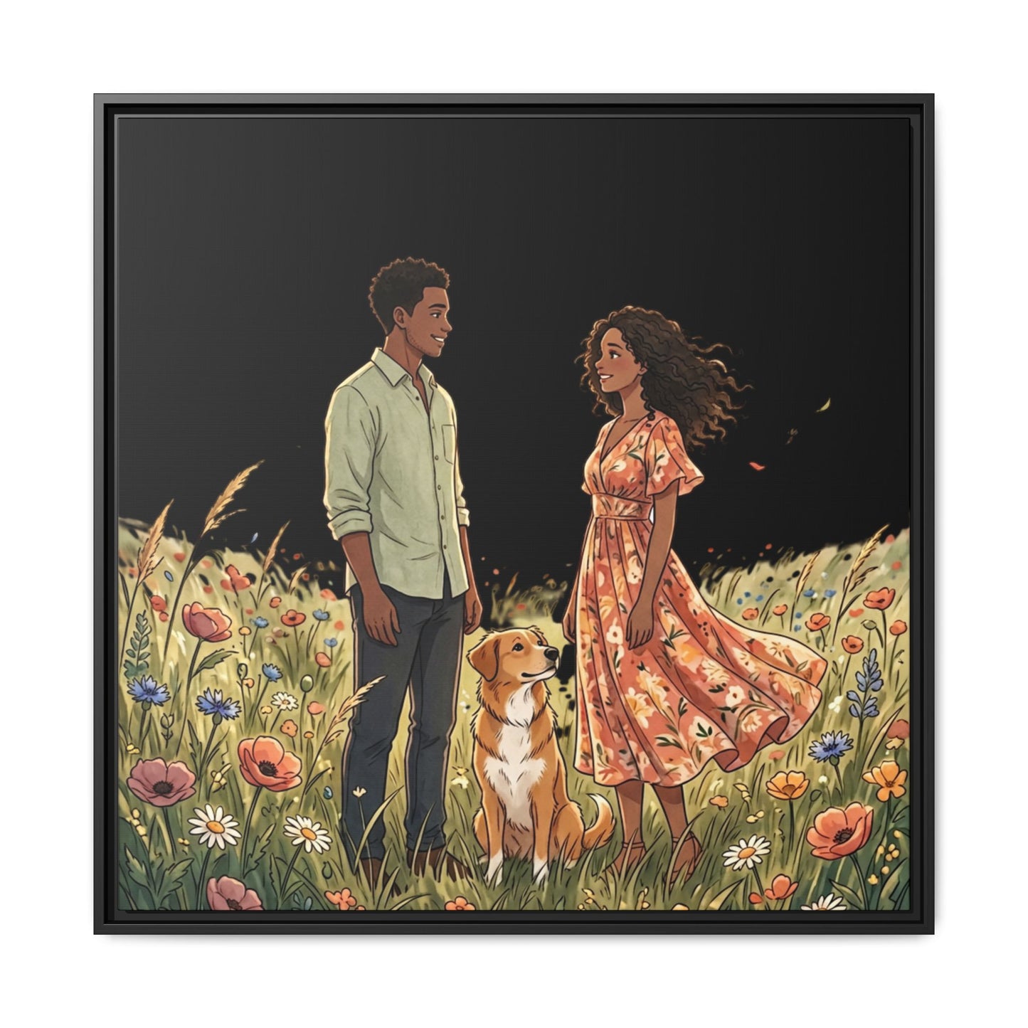 Framed Matte Canvas Print — Romantic Couple in Wildflower Field (Multi‑Color)