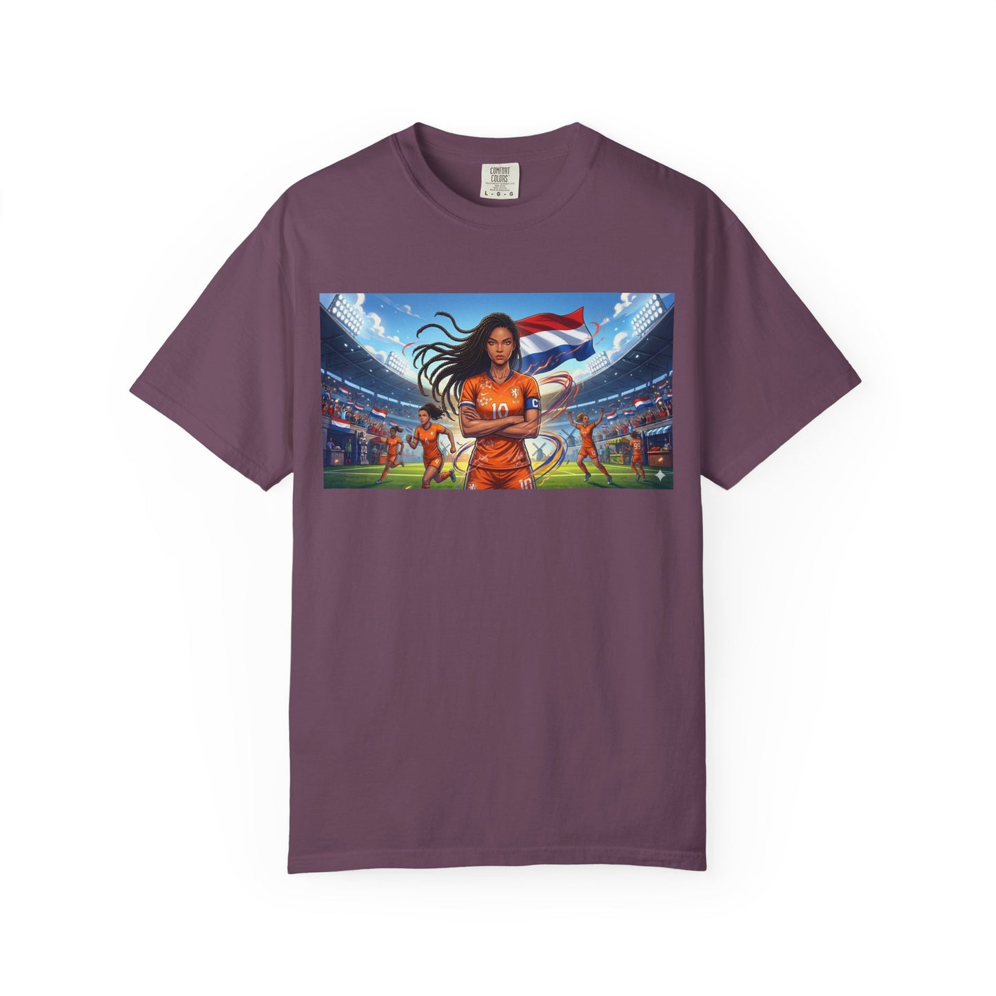 Soccer Warrior T-Shirt — Netherlands Female Captain with Flag Stadium Graphic