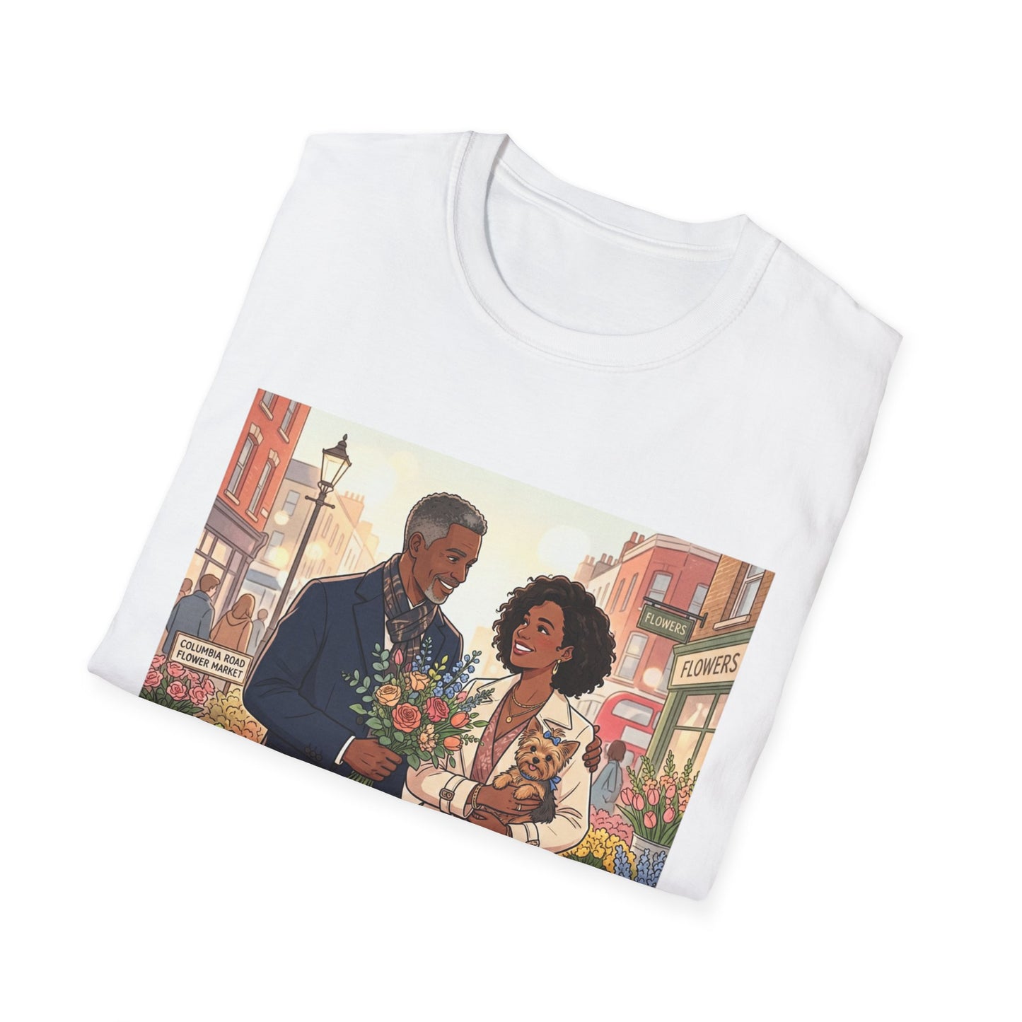 Romantic City Stroll T-Shirt — Couple Bouquet Illustration