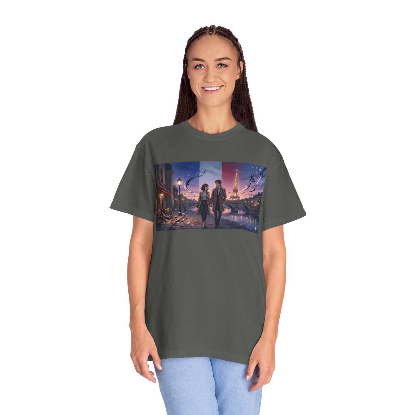 Couple Walking, Eiffel Tower - T-Shirt — Romantic Paris Nightscape Graphic Tee