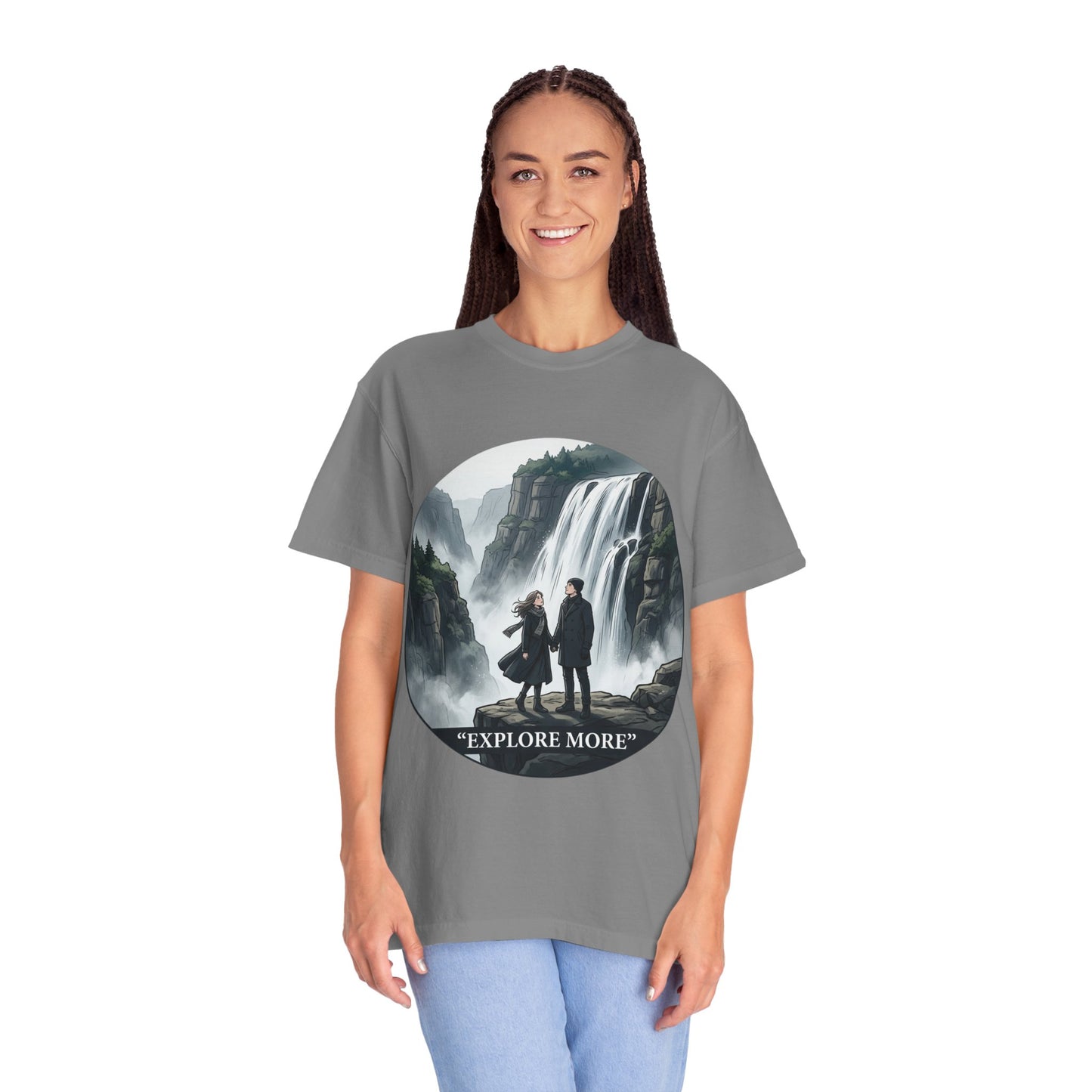 Explore More T-Shirt — Adventure Graphic Tee with Waterfall Scene