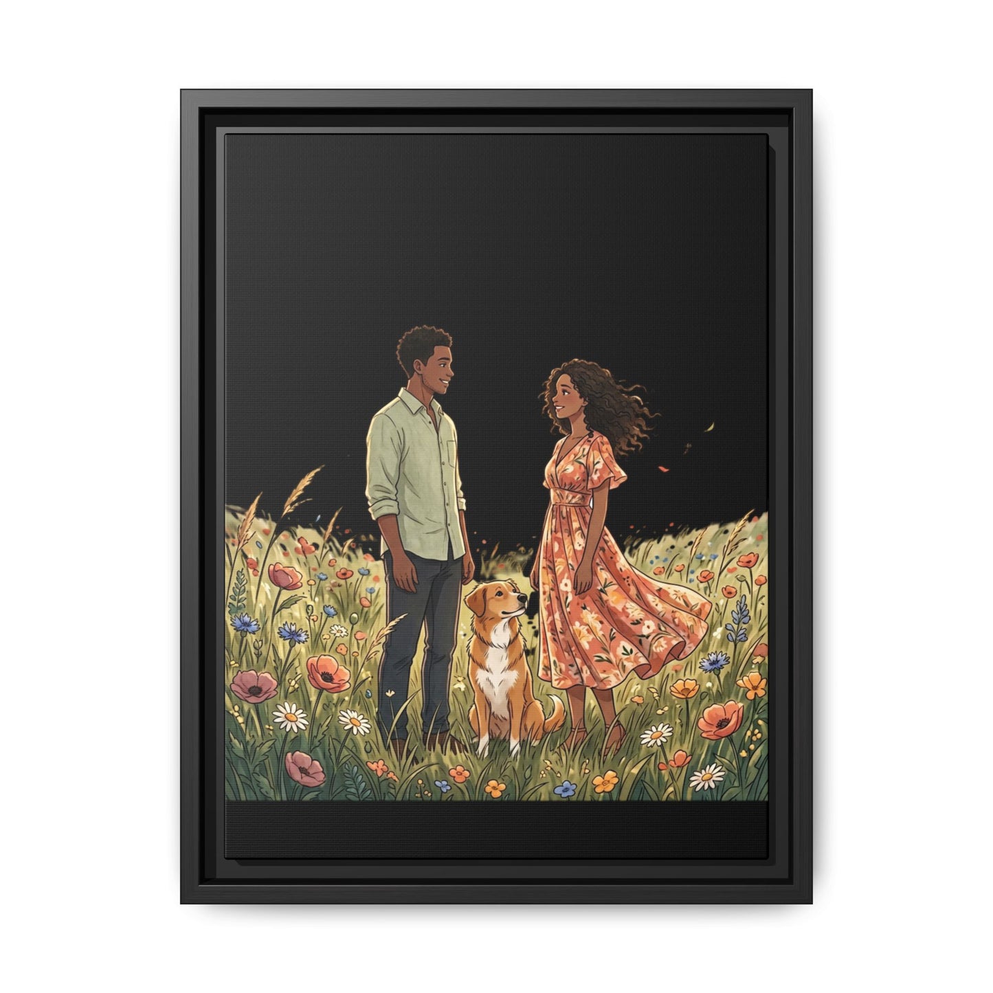 Framed Matte Canvas Print — Romantic Couple in Wildflower Field (Multi‑Color)