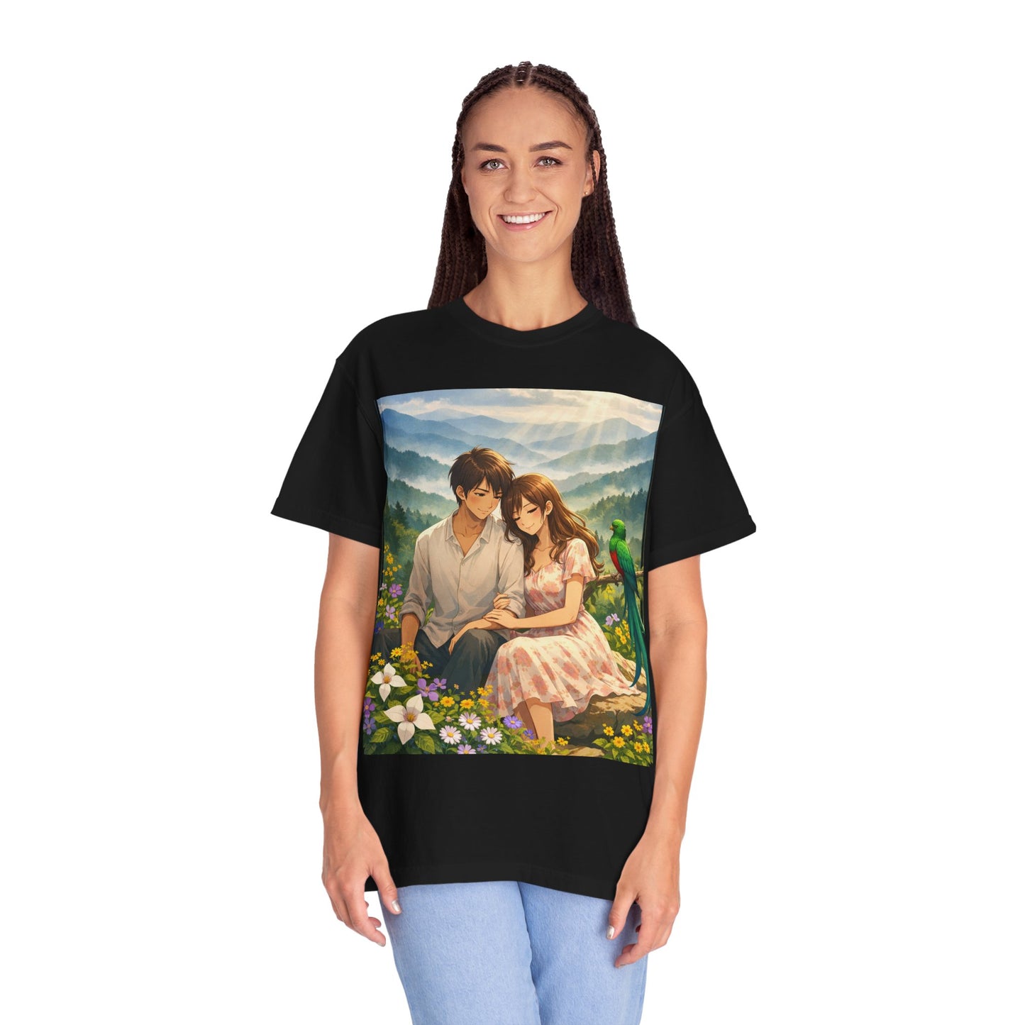Romantic Anime Couple T-Shirt — Sunset Meadow Illustration