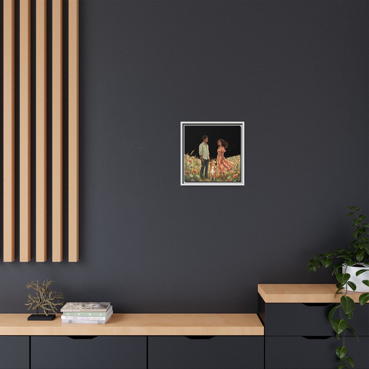 Framed Matte Canvas Print — Romantic Couple in Wildflower Field (Multi‑Color)