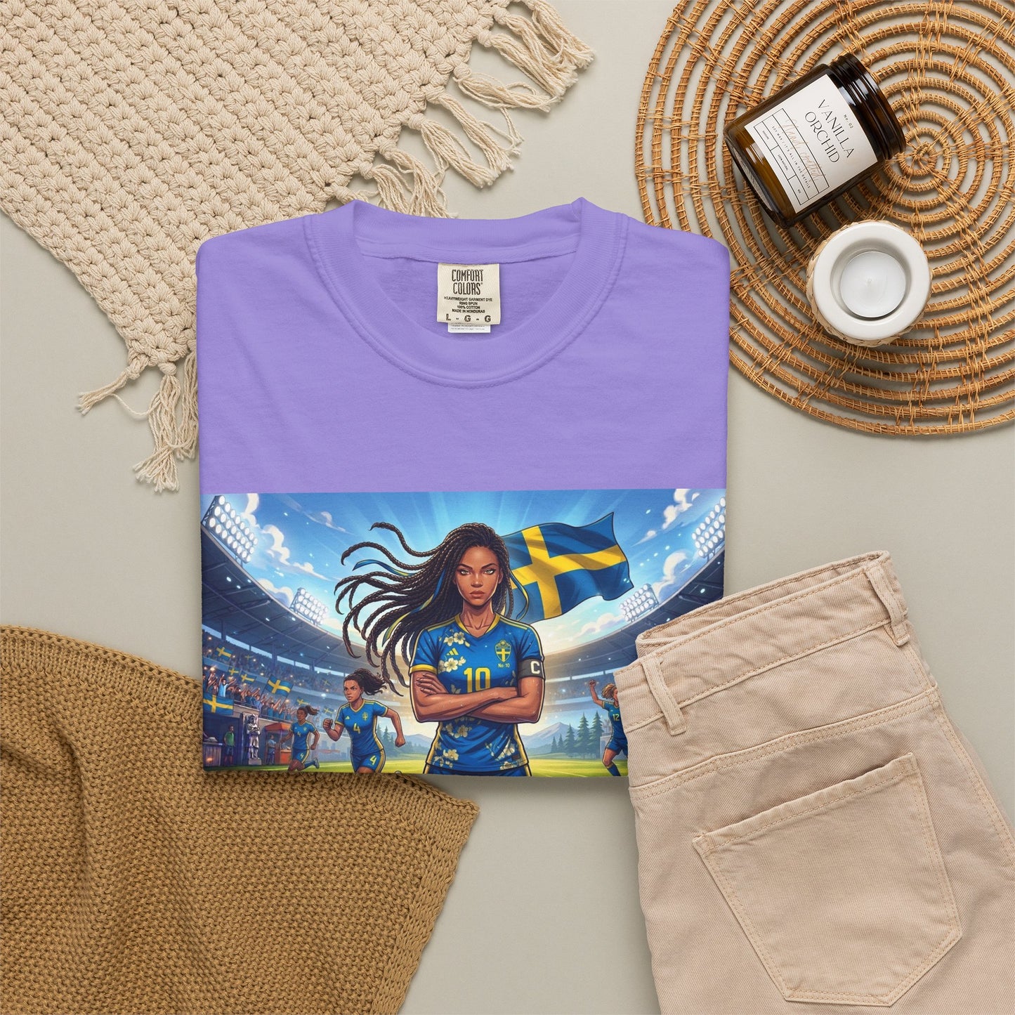 Swedish Soccer Pride T-Shirt — Female Footballer with Flag Stadium Design