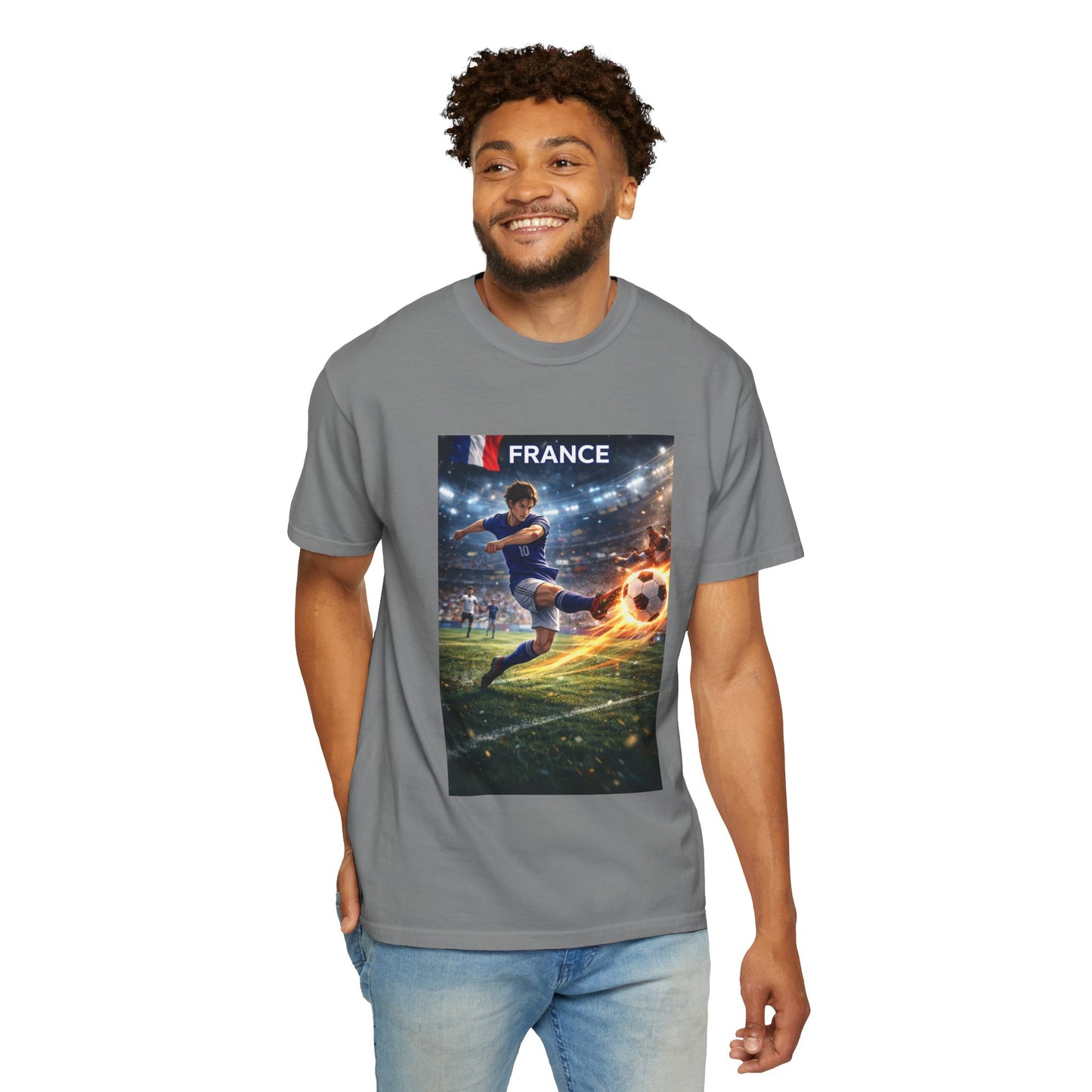 France Soccer Player Graphic T-Shirt — Football Kick Stadium Design