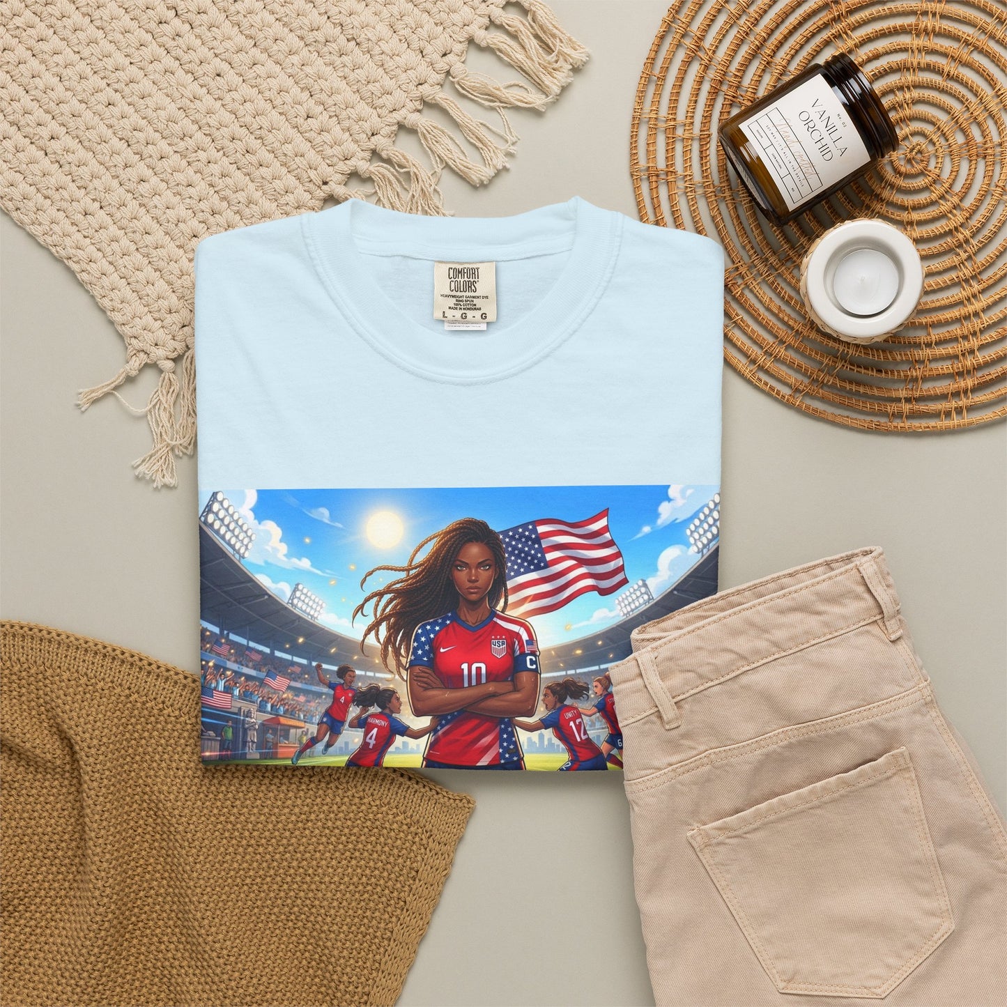 Soccer Mom USA T-Shirt — Female Soccer Player with American Flag Stadium Graphic