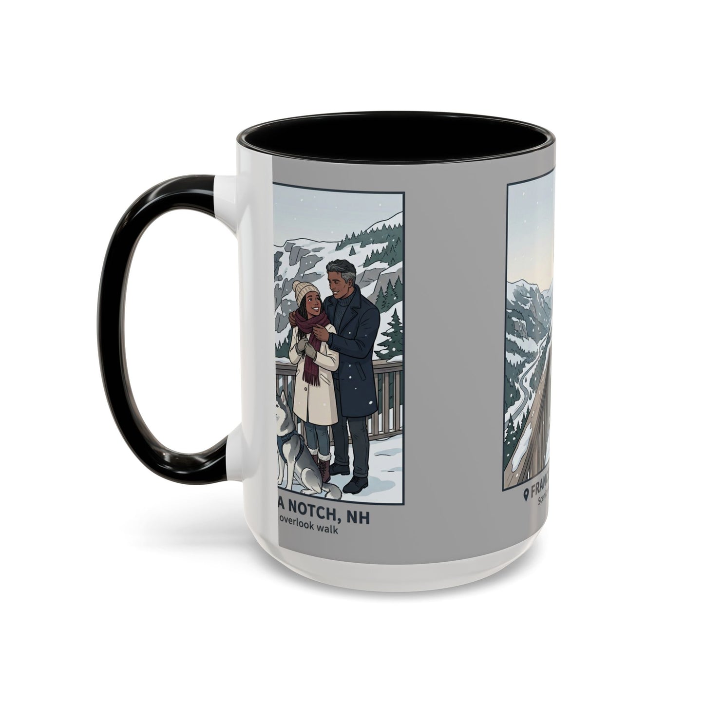 Franconia Notch Scenic Winter Mug — Couples & Dog Snowy Overlook Coffee Cup (11/15oz)