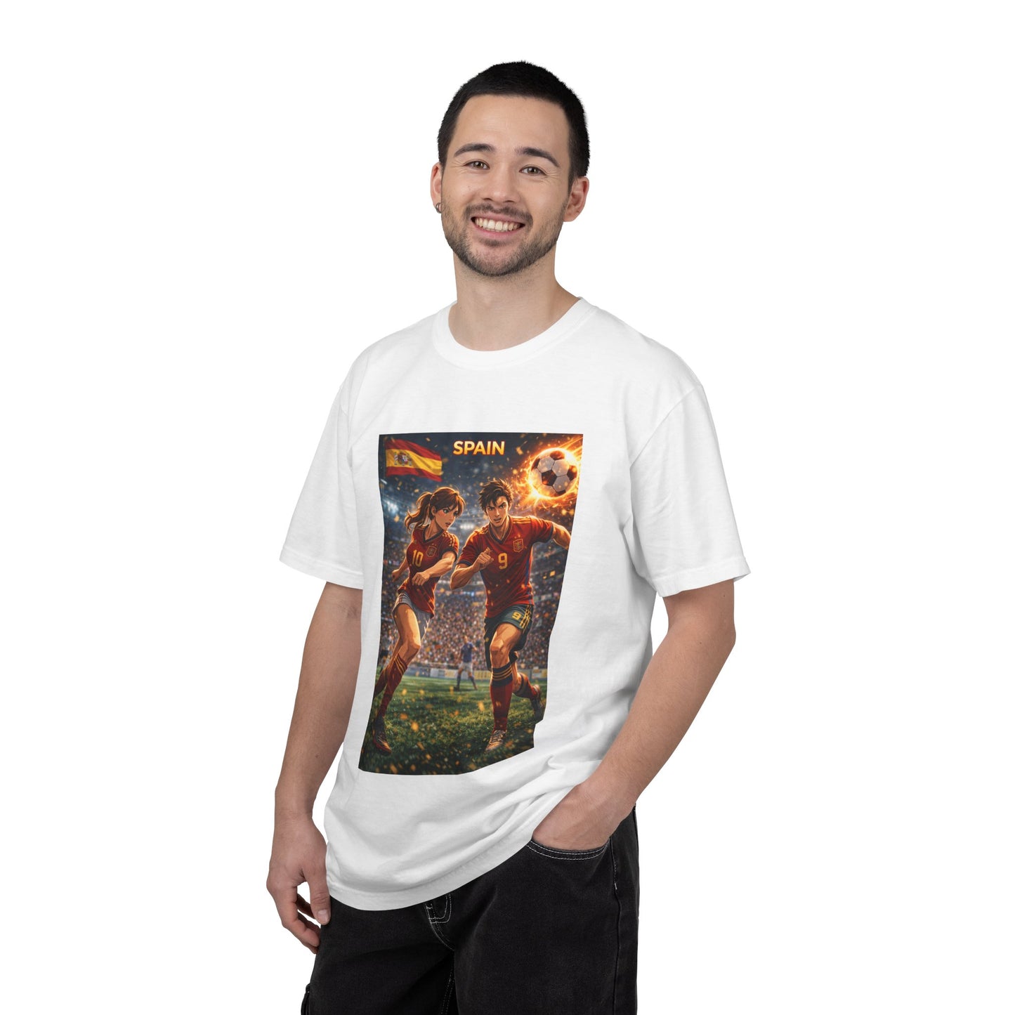 Spain Soccer Graphic T-Shirt — Retro Match Scene with Flag