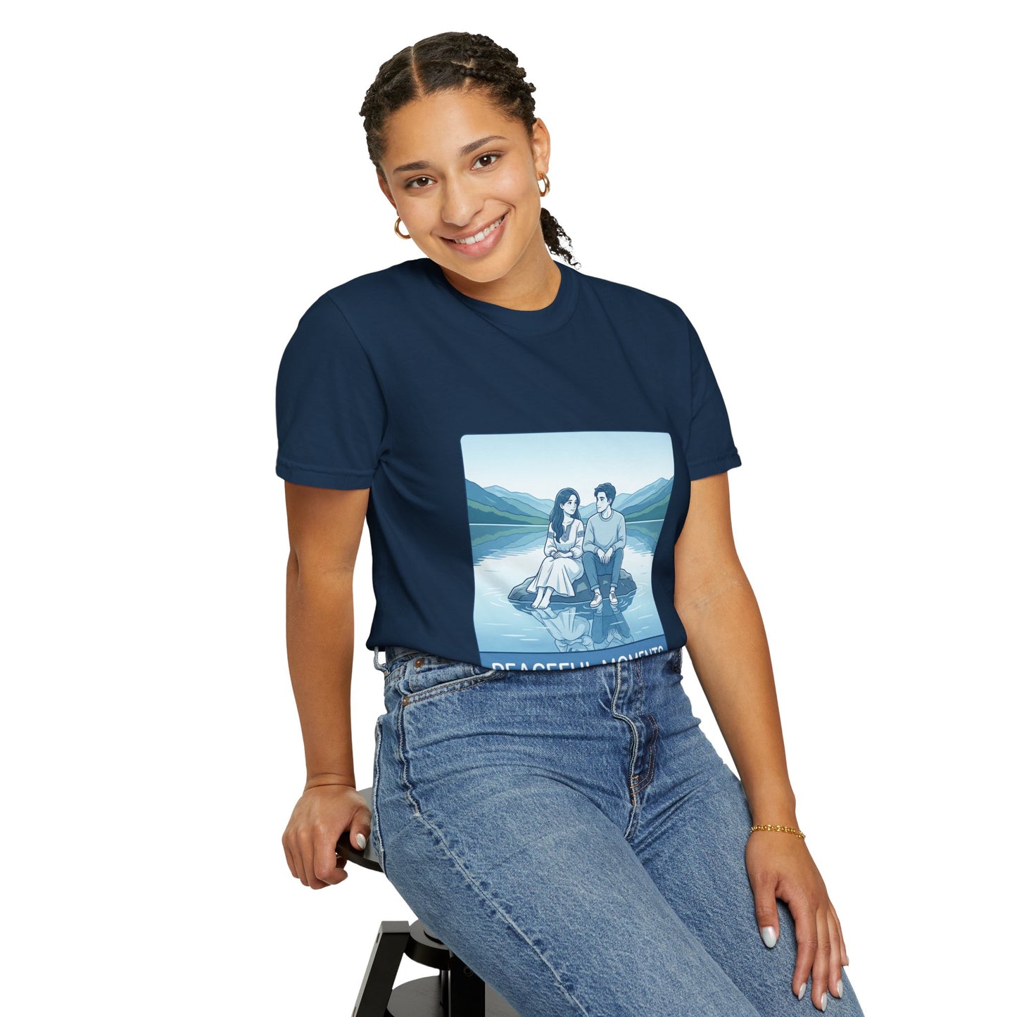 Peaceful Moments Tee — Couple Sitting by Lake Graphic T-Shirt