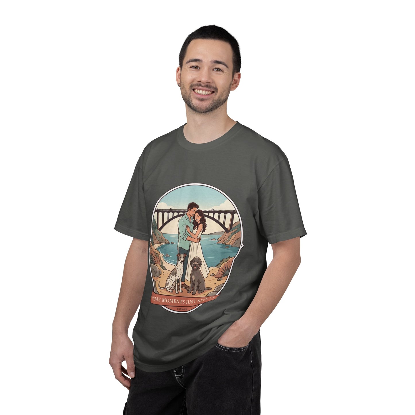 T-Shirt — Romantic Coastal Couples Tee “Some Moments Are Forever” with Dogs
