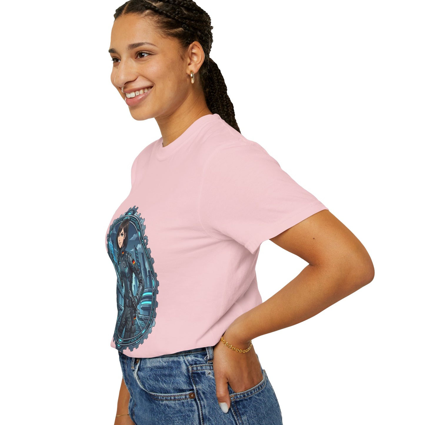 Cyber Ninja Graphic T-Shirt — Futuristic Female Warrior Illustration