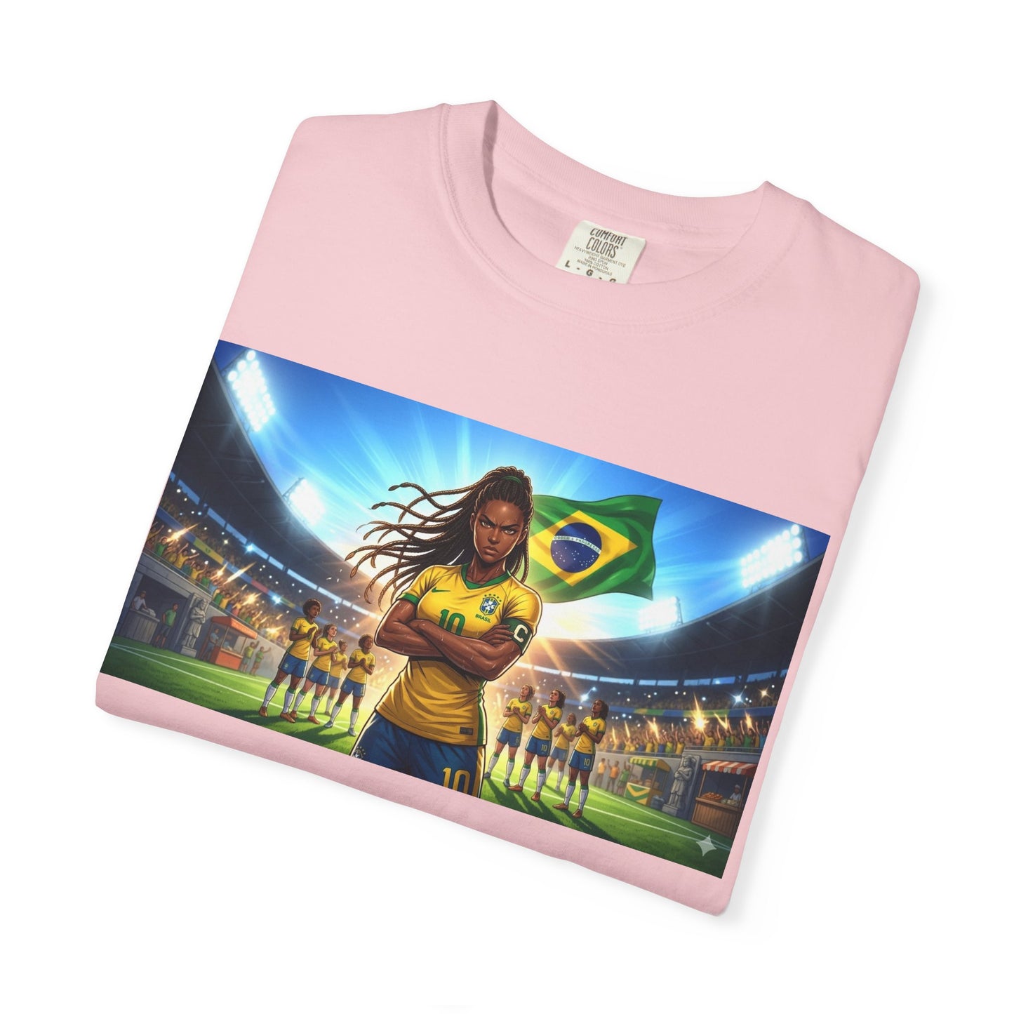 Brazil Soccer Captain T-Shirt — Player Holding Ball with Brazilian Flag Stadium Graphic