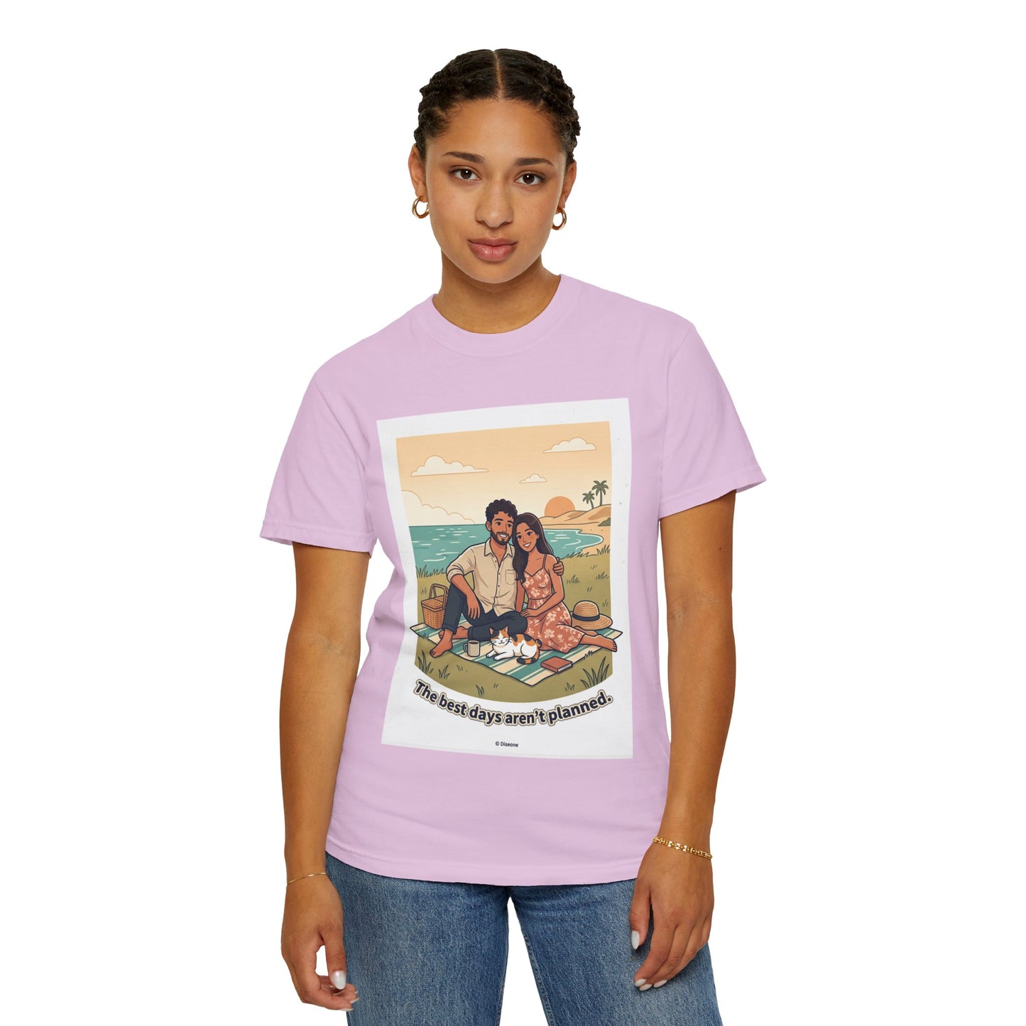 Beach Picnic Couple T‑Shirt — “The best days aren’t planned.” Relaxed Vacation Tee