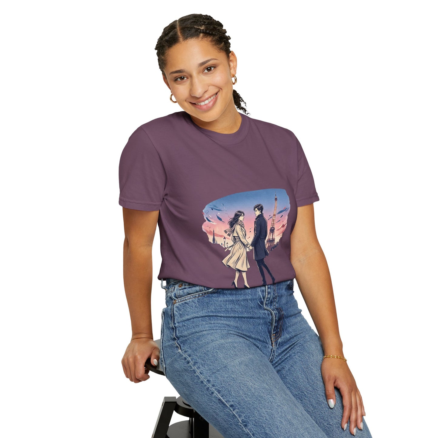 Paris Sunset Romance T-Shirt — Couple Walking by Eiffel Tower Graphic Tee