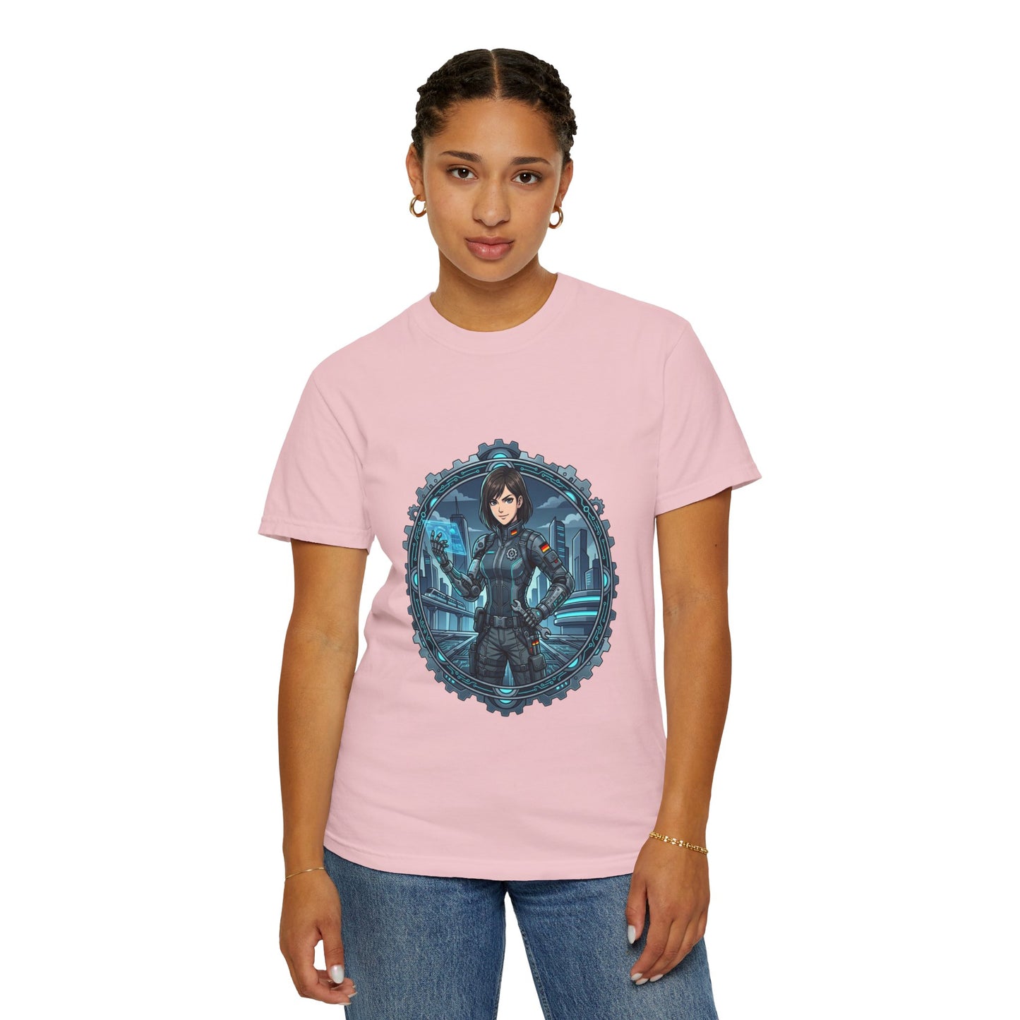 Cyber Ninja Graphic T-Shirt — Futuristic Female Warrior Illustration