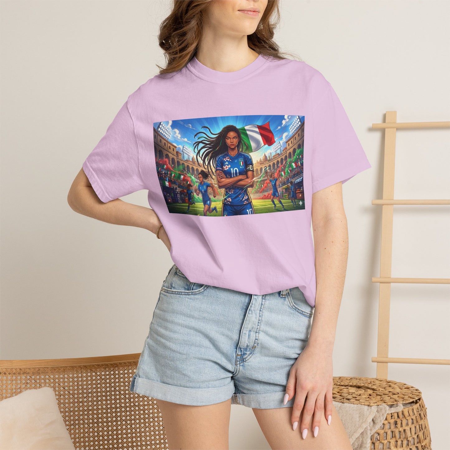 Italian Soccer Fan T‑Shirt – Inspirational Female Player with Italy Flag Stadium Print