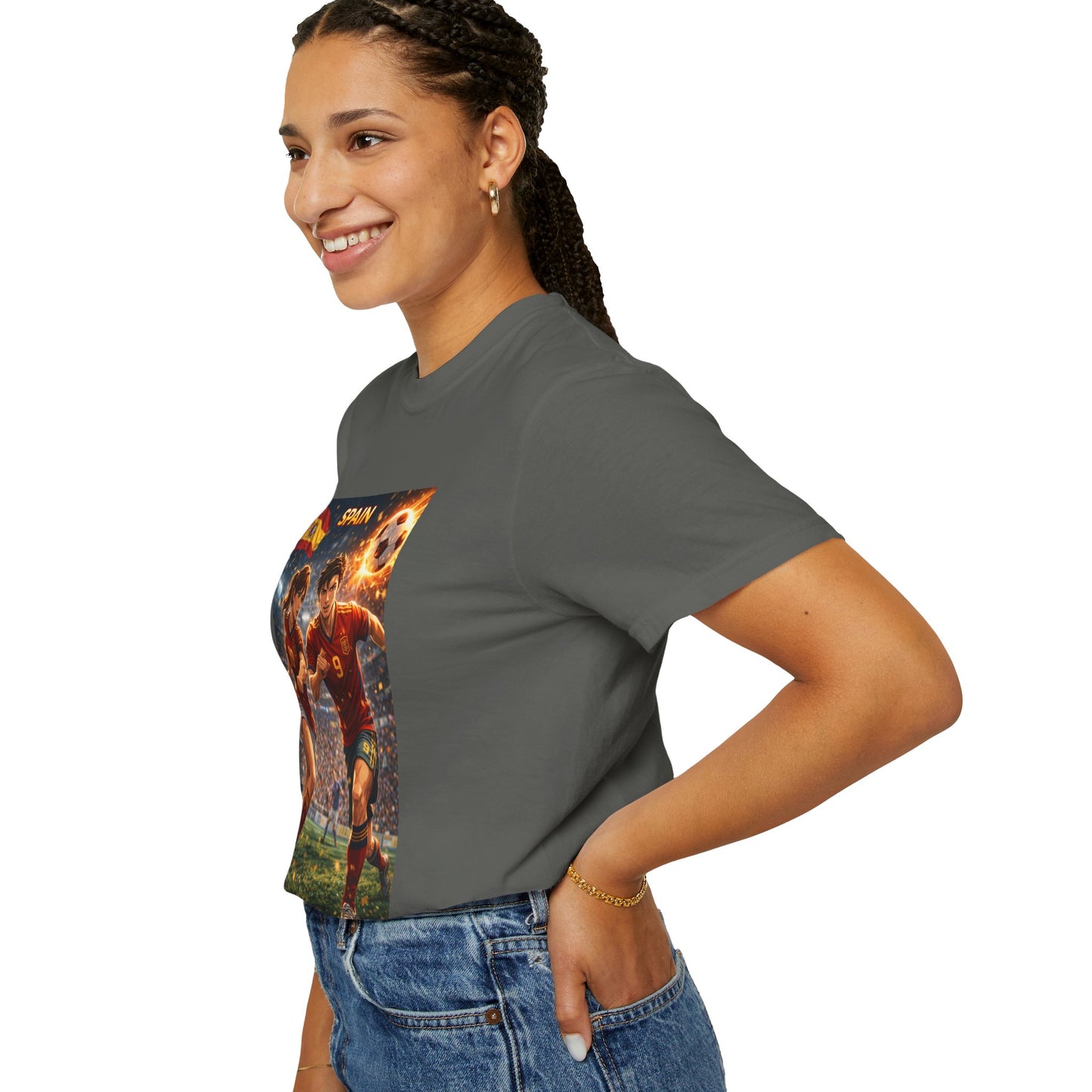 Spain Soccer Graphic T-Shirt — Retro Match Scene with Flag