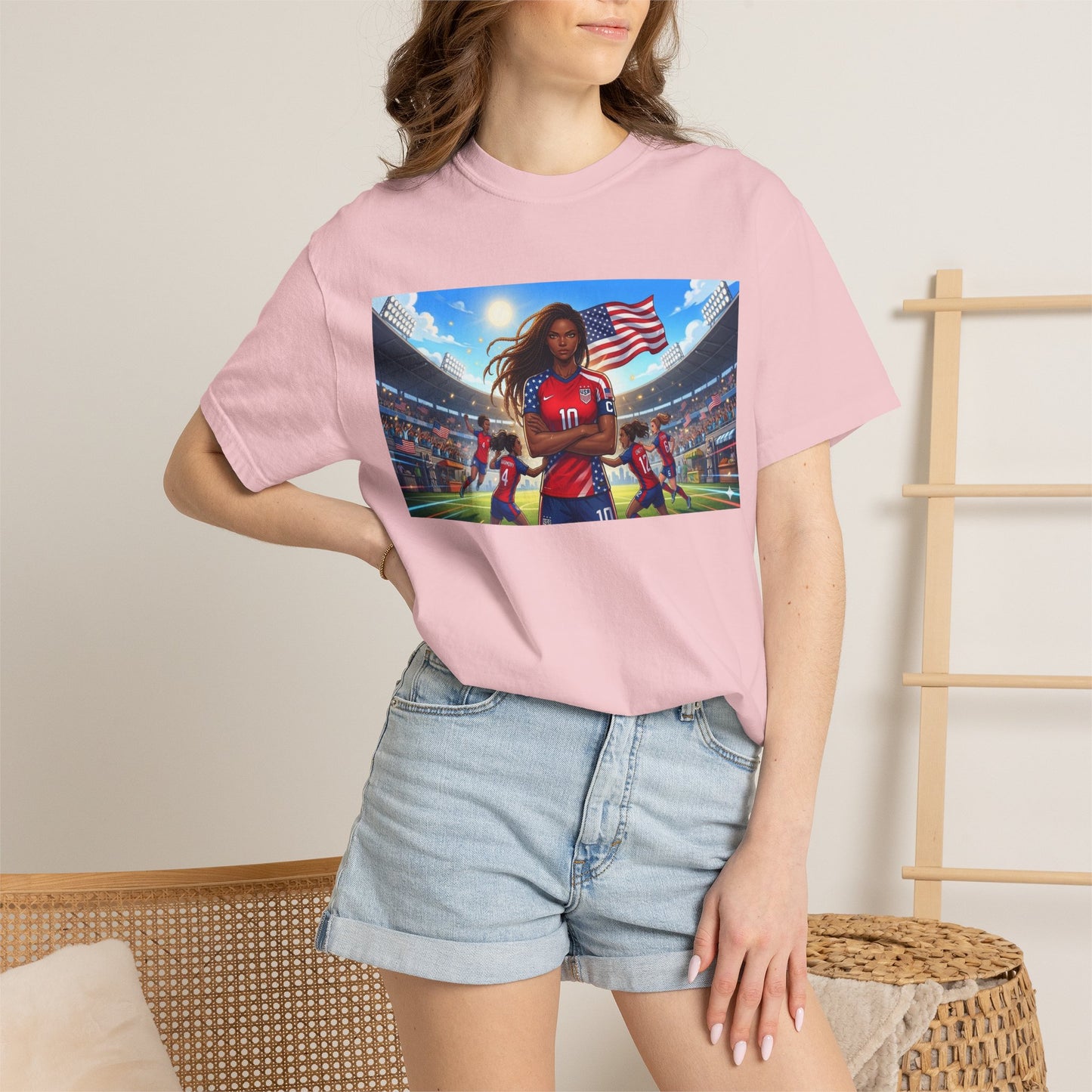 Soccer Mom USA T-Shirt — Female Soccer Player with American Flag Stadium Graphic
