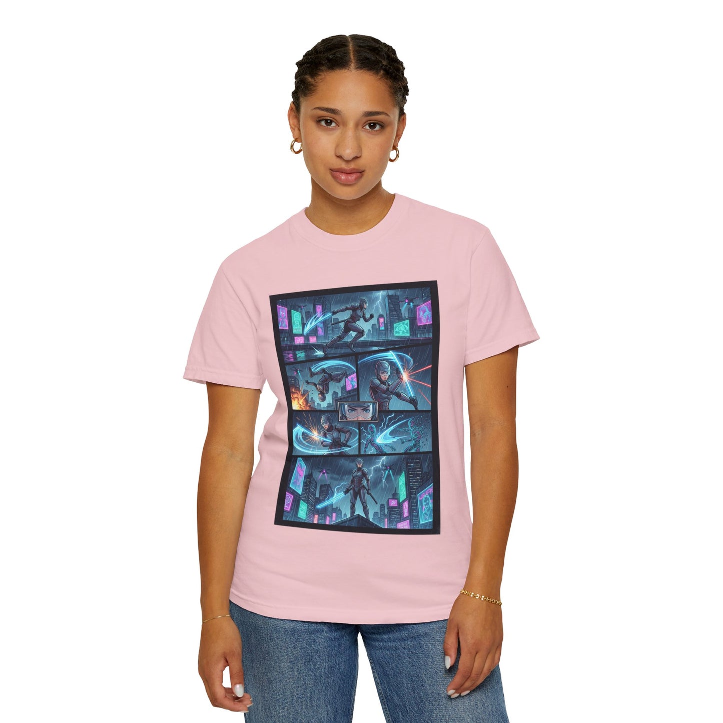 Cyberpunk Girl Samurai T-Shirt — Neon Manga Panel Graphic Tee