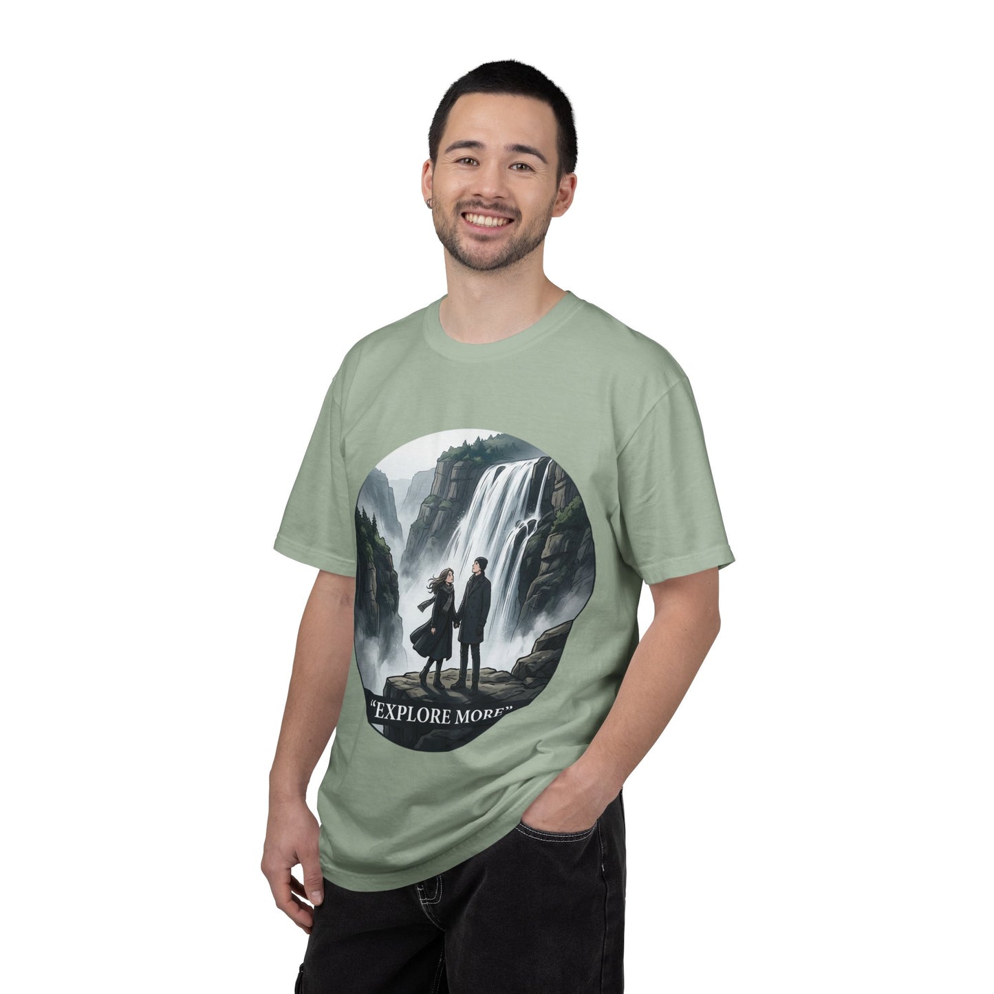 Explore More T-Shirt — Adventure Graphic Tee with Waterfall Scene