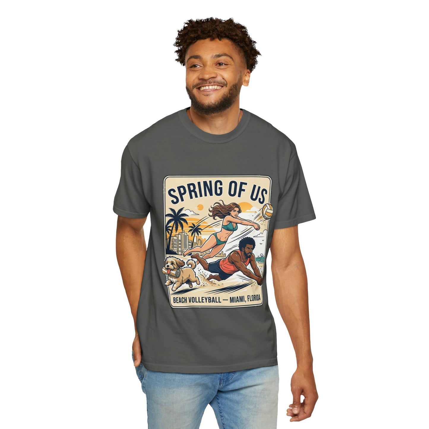 Spring of Us Beach Volleyball T-Shirt — Miami, Florida Retro Sun & Palm Tee