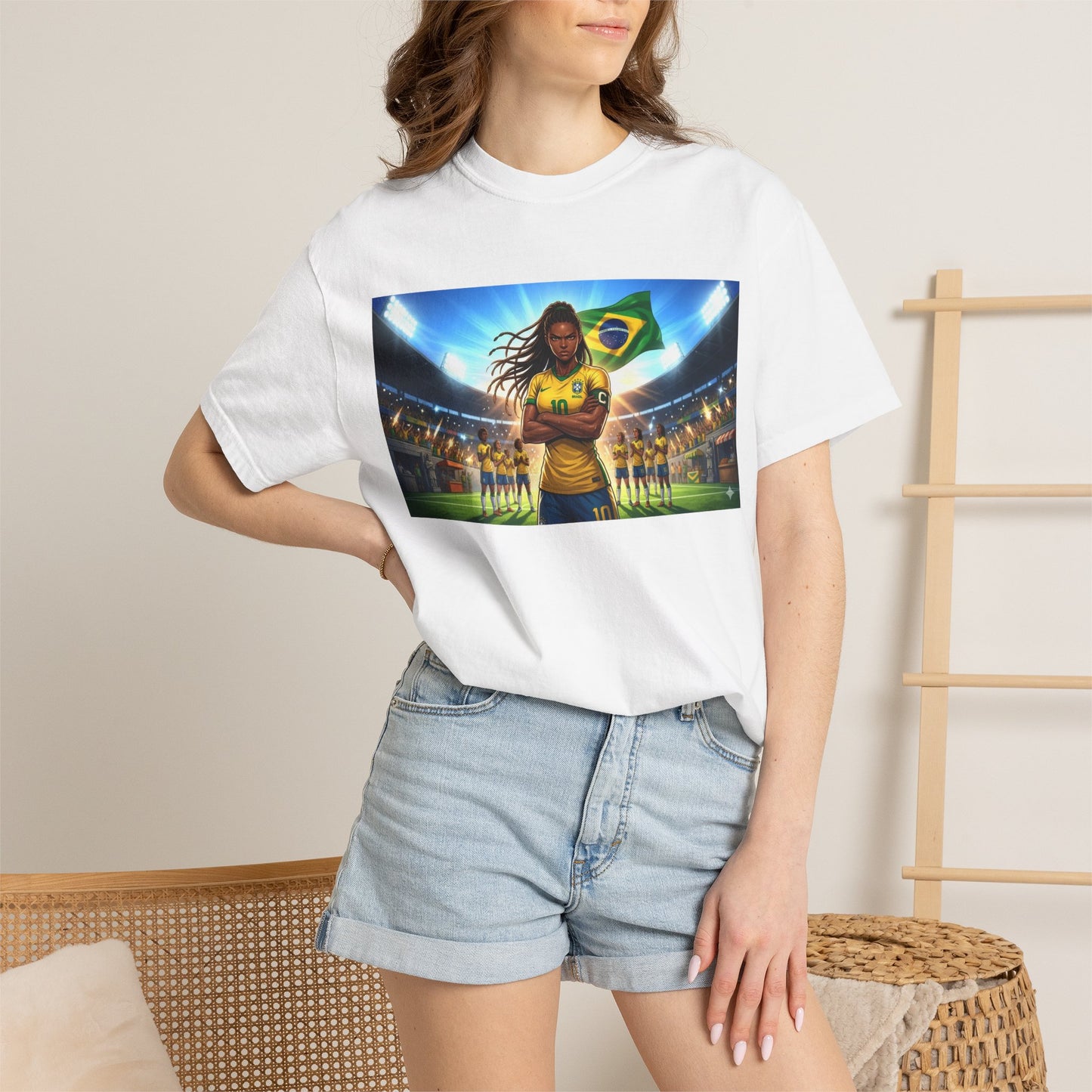 Brazil Soccer Captain T-Shirt — Player Holding Ball with Brazilian Flag Stadium Graphic