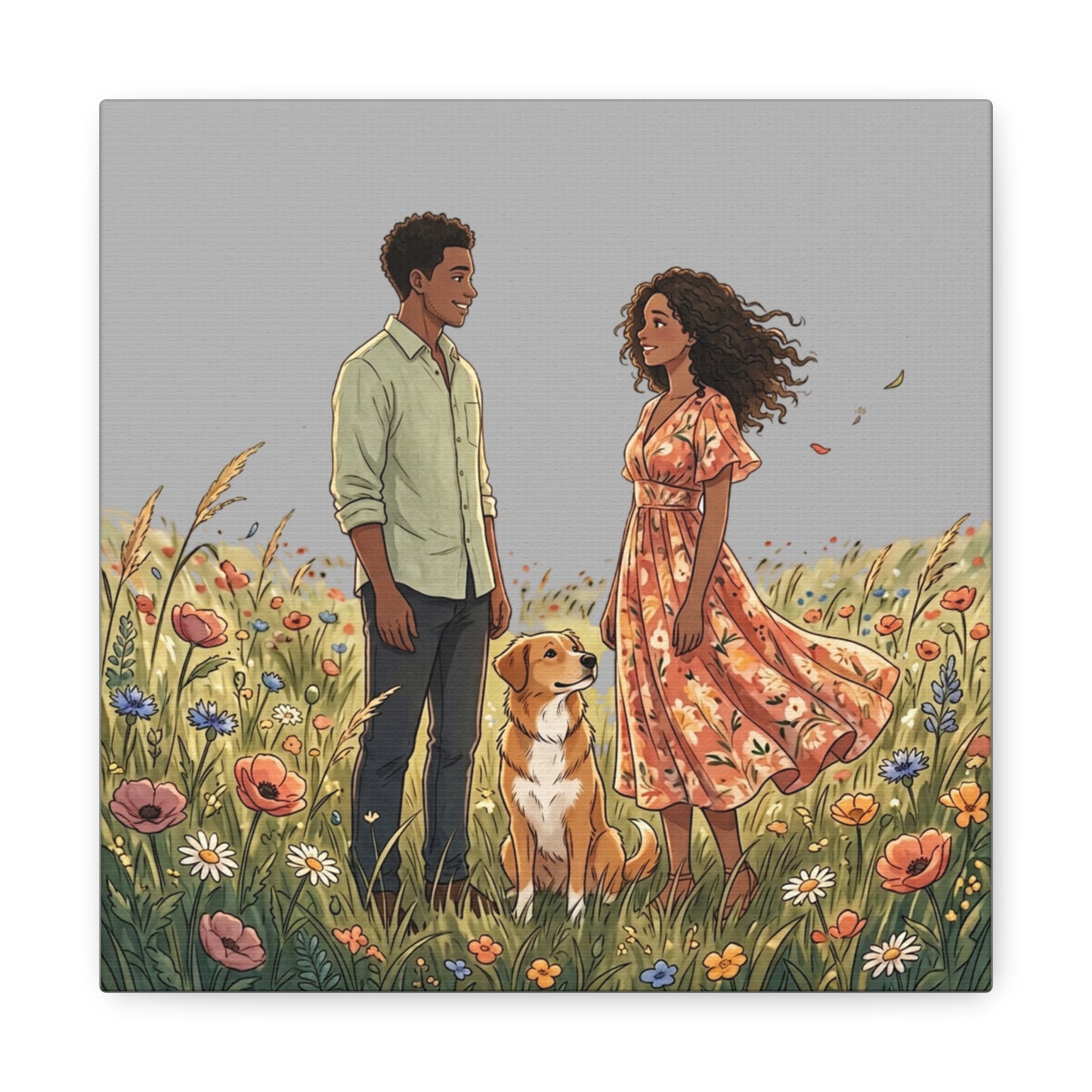 Romantic Couple in Wildflower Field Canvas Art — Black Love Wall Decor with Dog