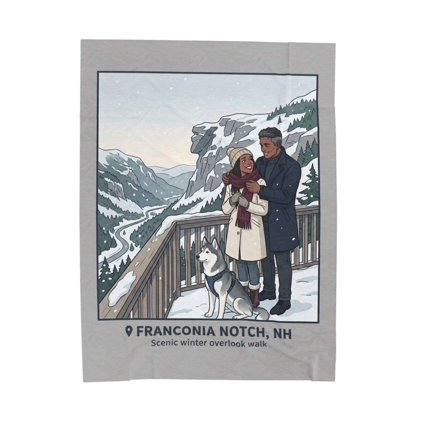 Velveteen Blanket — Franconia Notch NH Winter Scenic Throw with Couple & Husky
