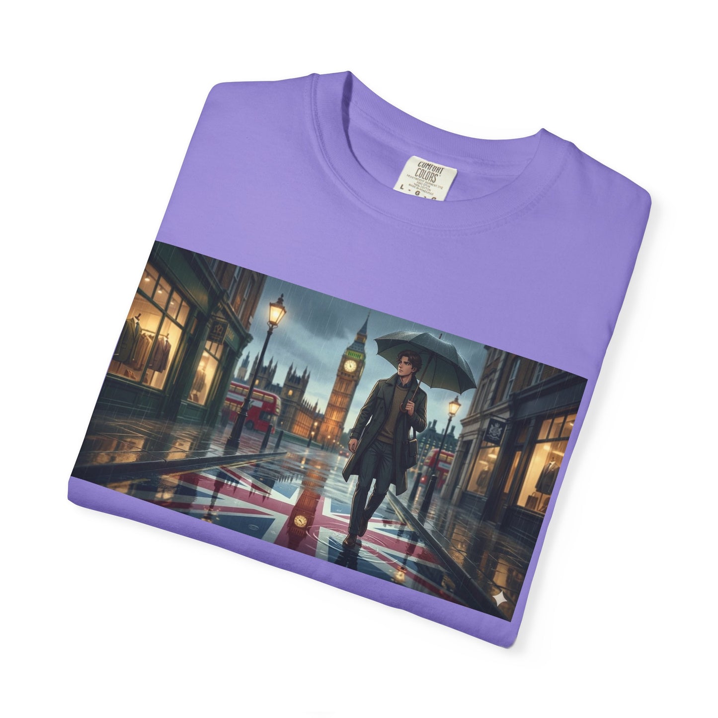 T-Shirt — Rainy London Street Scene Graphic Tee (Big Ben, Umbrella, Night Cityscape)