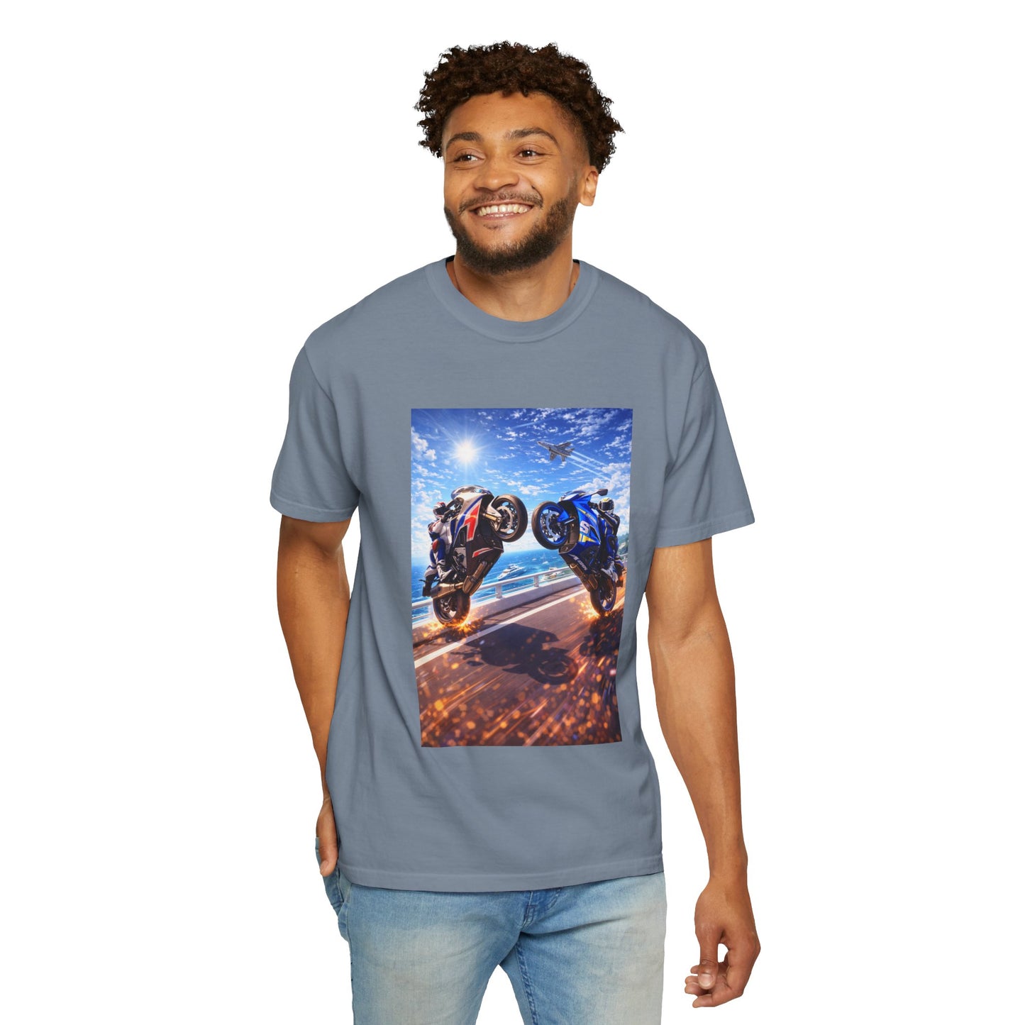 Stunt Riders Motorcycle T-Shirt — Two Bike Wheelie Racing Graphic Tee