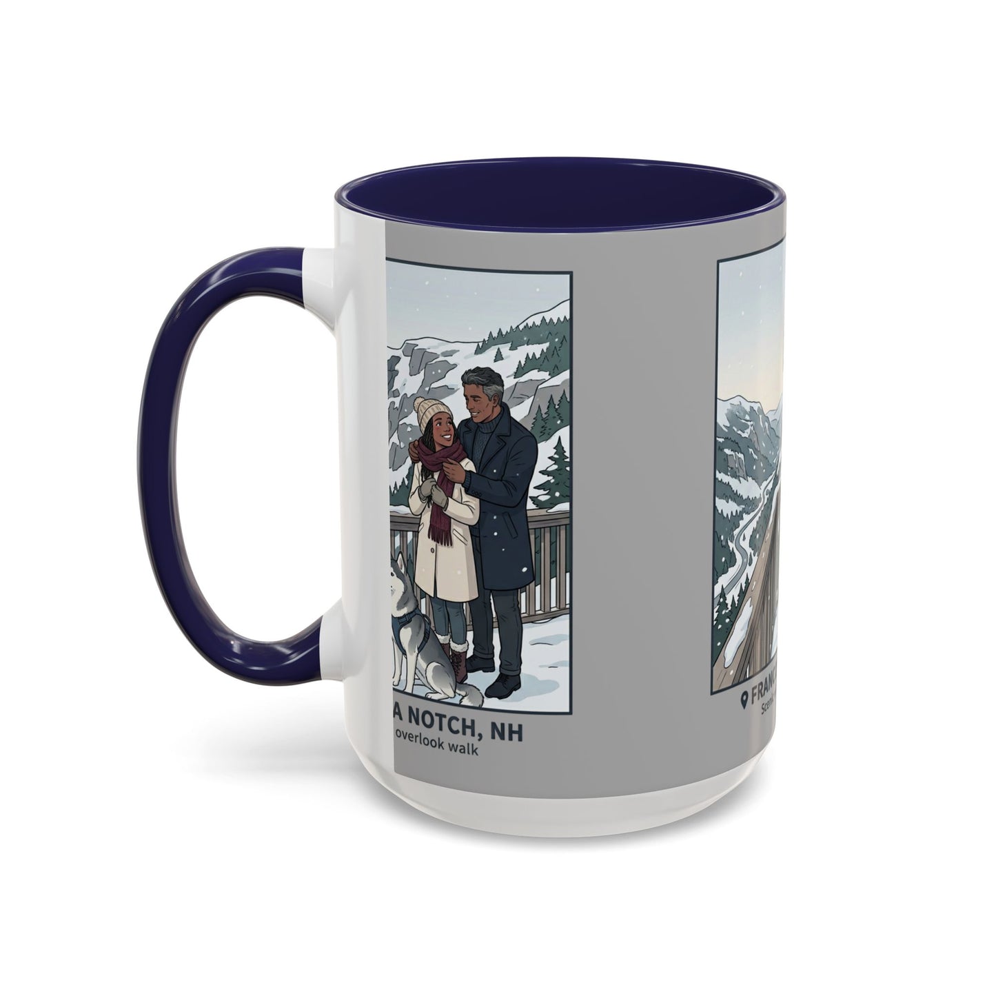 Franconia Notch Scenic Winter Mug — Couples & Dog Snowy Overlook Coffee Cup (11/15oz)