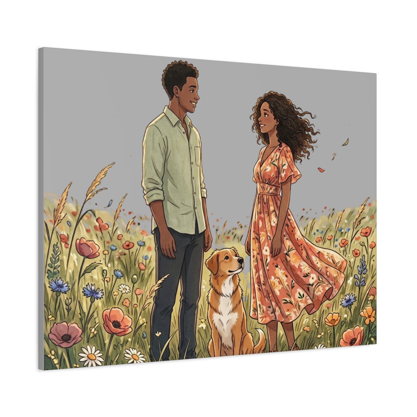 Romantic Couple in Wildflower Field Canvas Art — Black Love Wall Decor with Dog