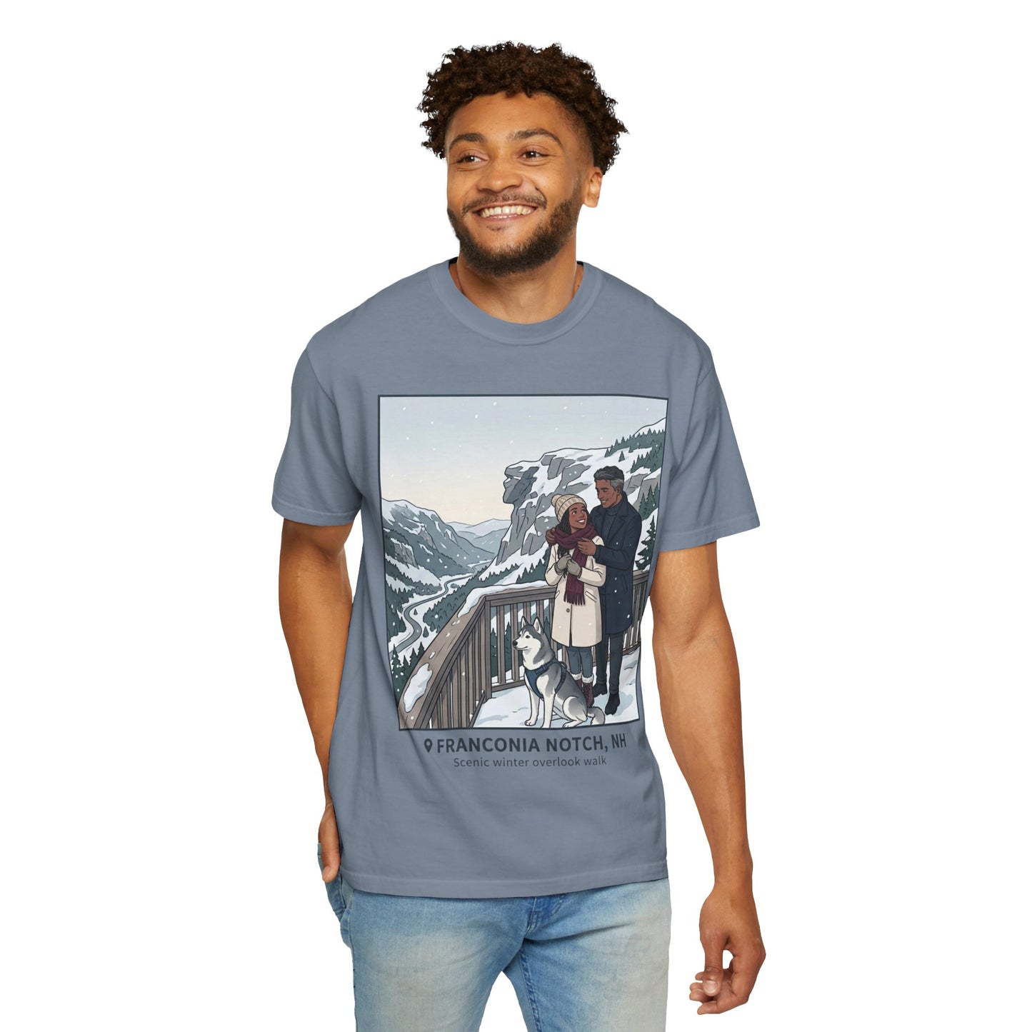Franconia Notch NH Winter View T-Shirt — Scenic Couple & Husky Travel Tee