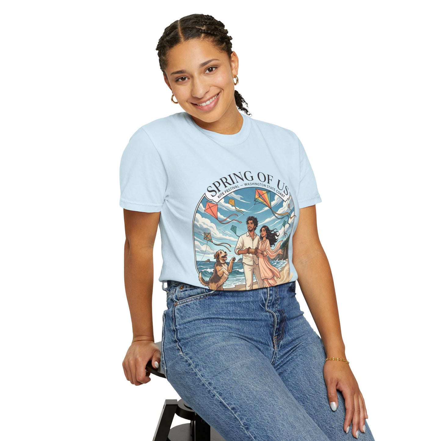 Spring of Us T-Shirt — Romantic Beach Couple Illustration with Dog
