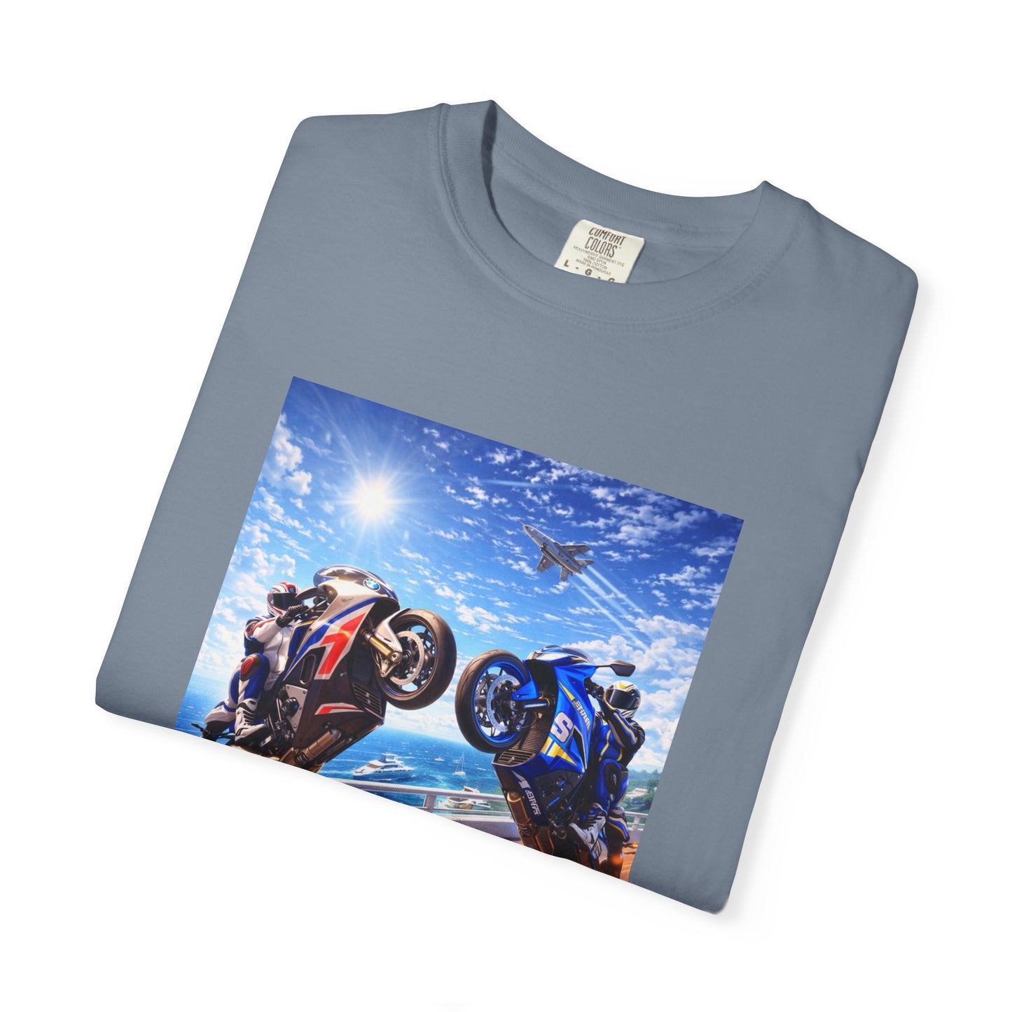 Stunt Riders Motorcycle T-Shirt — Two Bike Wheelie Racing Graphic Tee