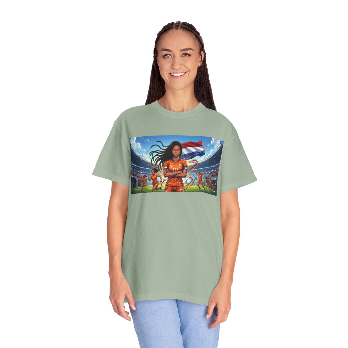 Soccer Warrior T-Shirt — Netherlands Female Captain with Flag Stadium Graphic
