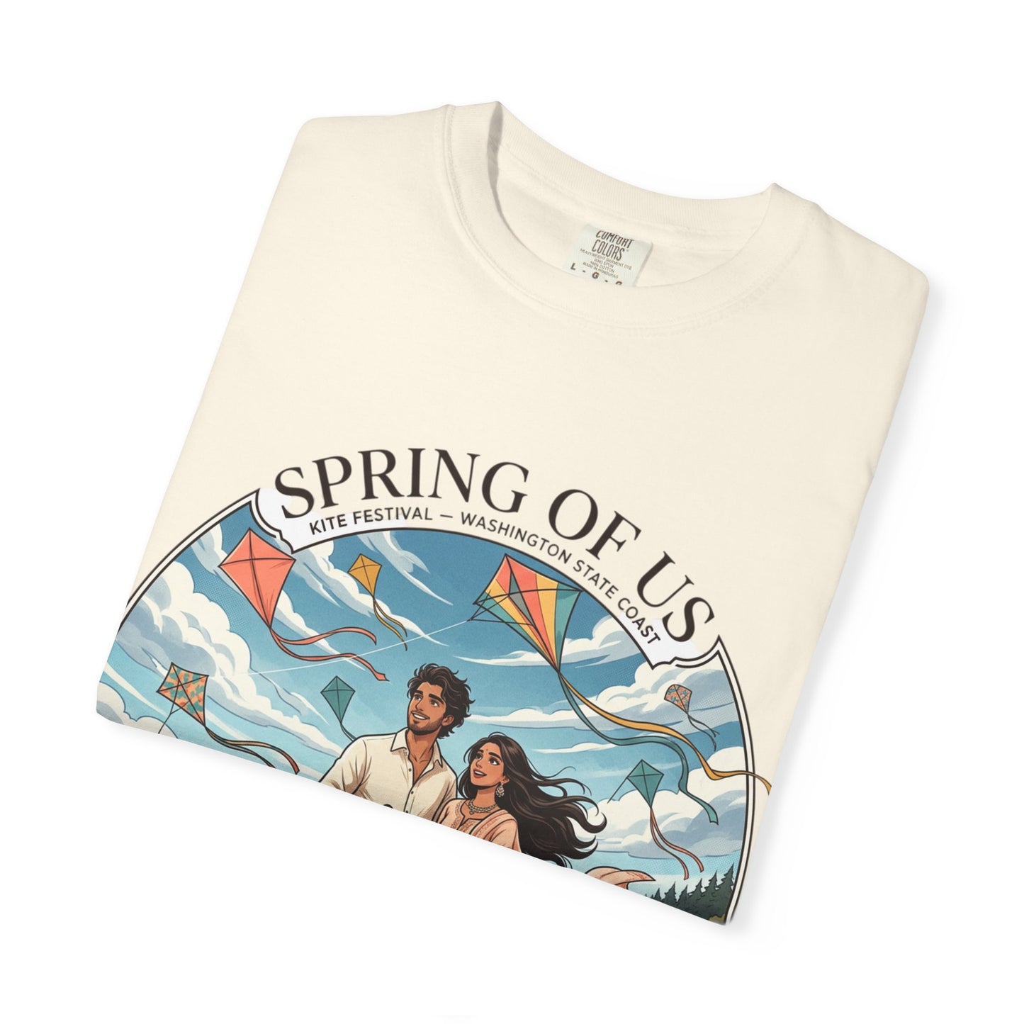 Spring of Us T-Shirt — Romantic Beach Couple Illustration with Dog