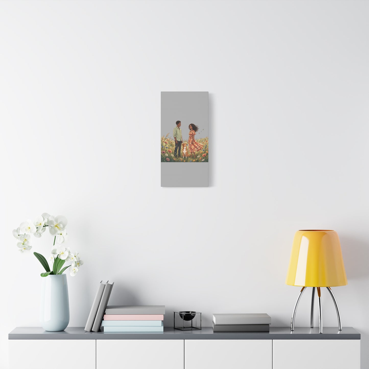 Romantic Couple in Wildflower Field Canvas Art — Black Love Wall Decor with Dog