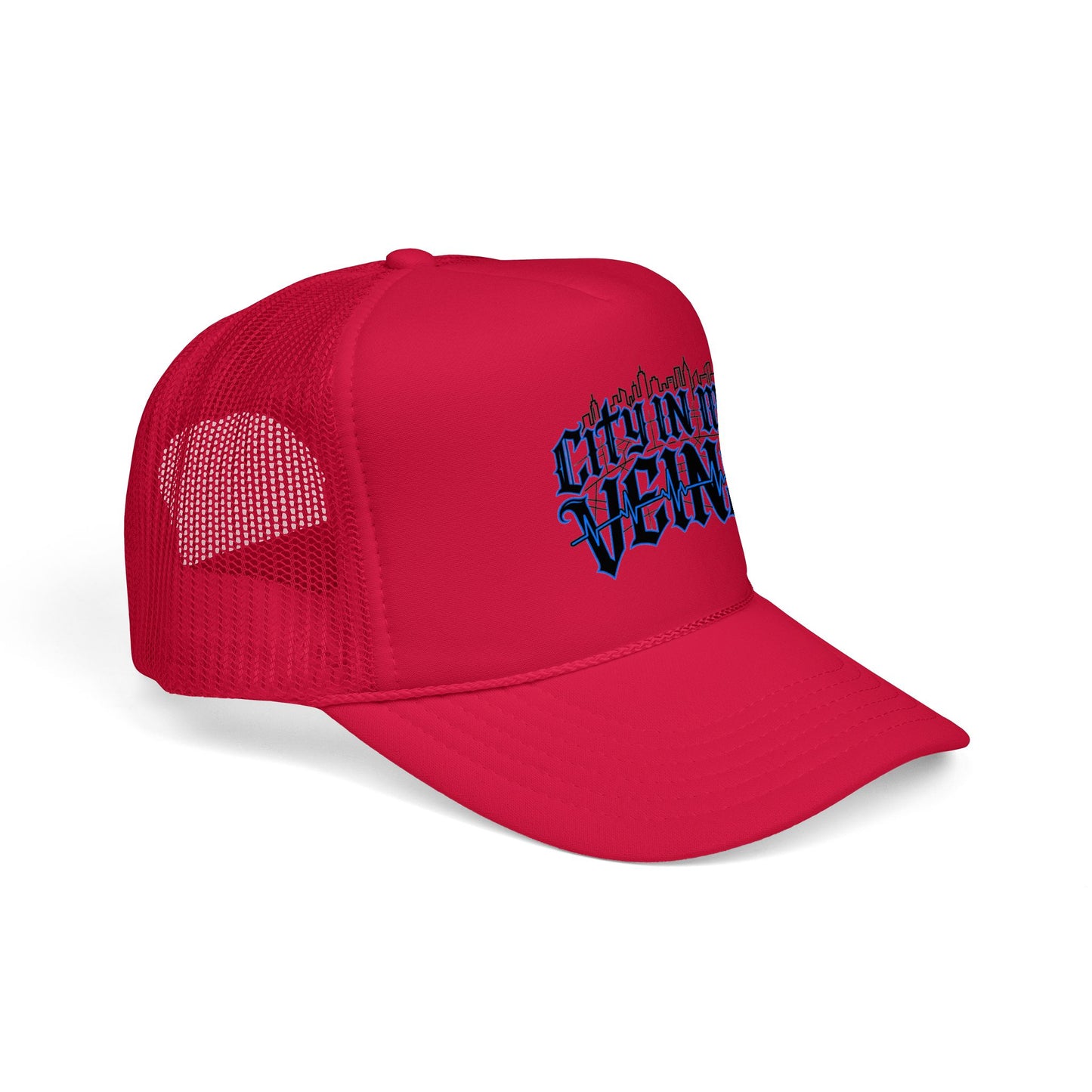 City In My Veins Foam Trucker Hat — Urban Gothic Blue Embroidered Cap